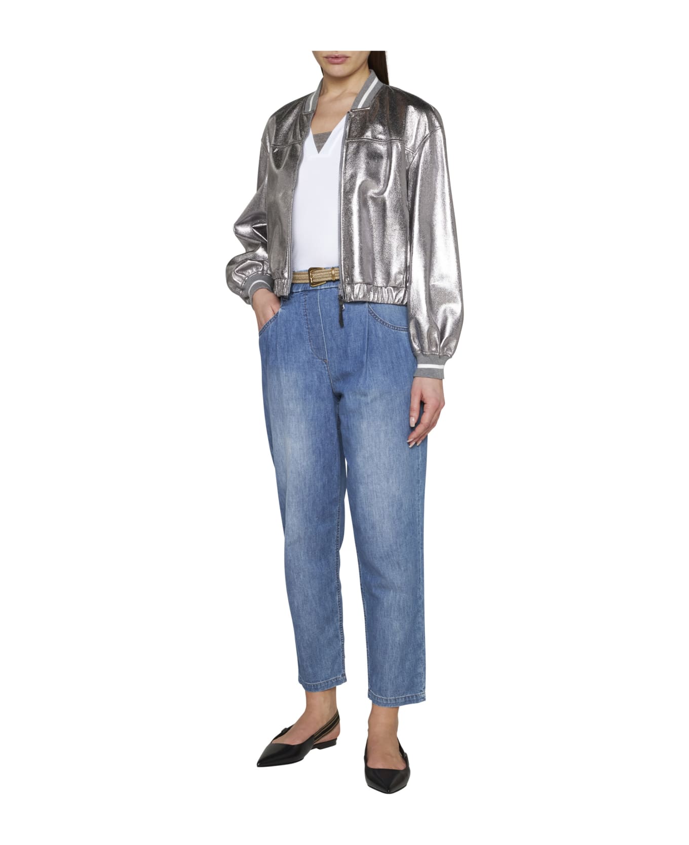 Brunello Cucinelli Laminated Leather Bomber Jacket - Silver