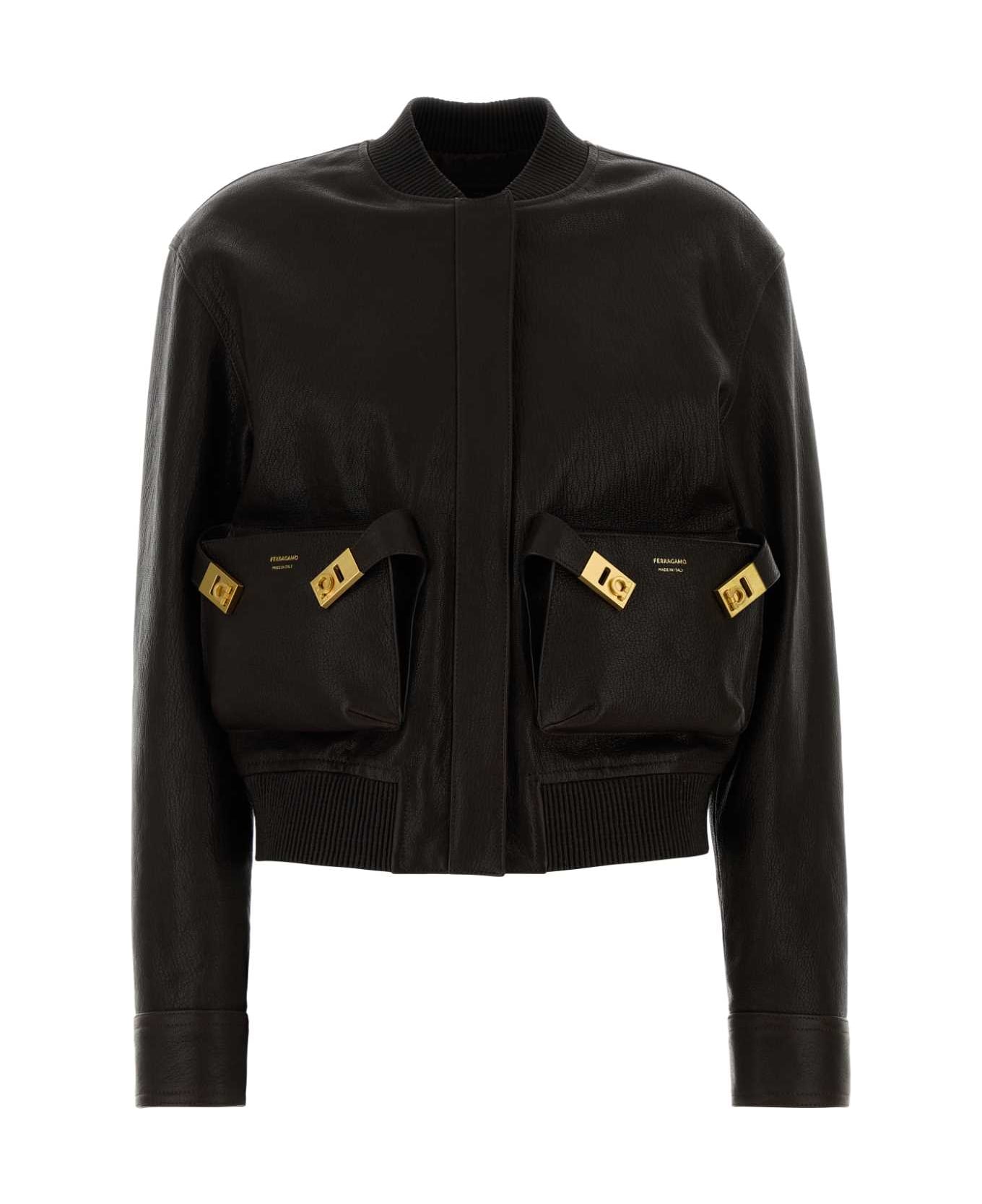Ferragamo Dark Brown Leather Bomber Jacket - EXPRESSO