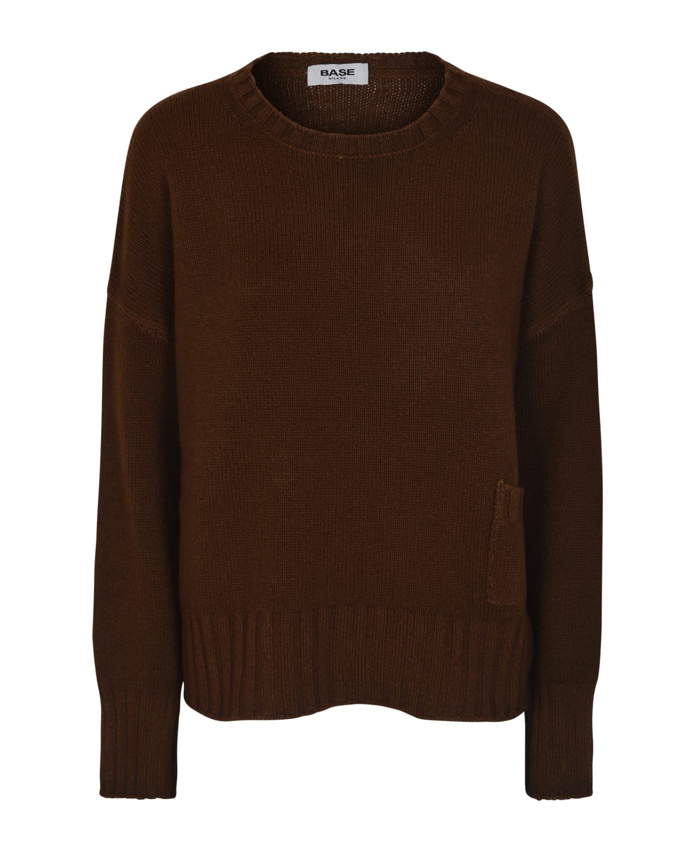 Base Patched Pocket Round Neck Rib Knit Sweater - Coffee