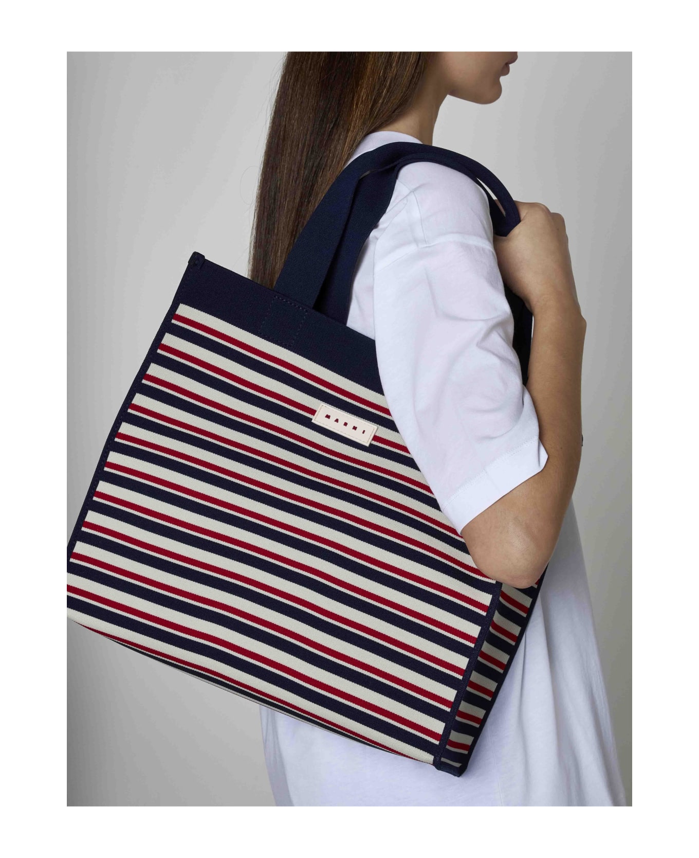 Marni Striped Canvas Medium Shopping Bag - Marine/ivory/red トートバッグ