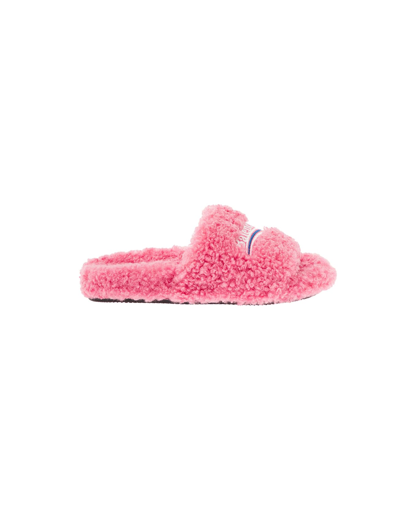 Balenciaga Pink Furry Slide Sandal In Fake Shearling With White And Blue Political Campaign Embroideries Balenciaga Woman - Pink