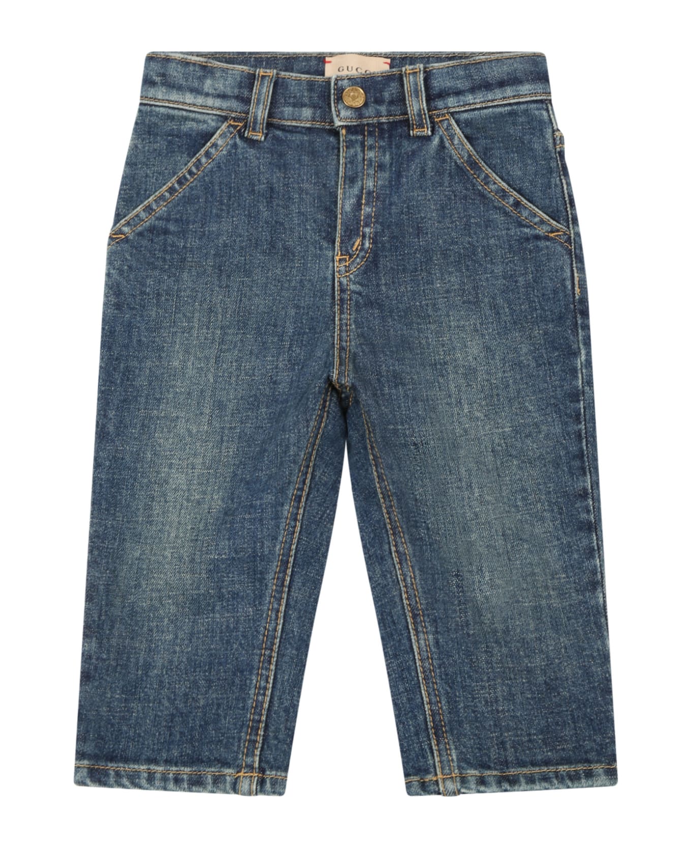Gucci Blue Jeans For Baby Boy With Horsebit And Patch Logo - Denim