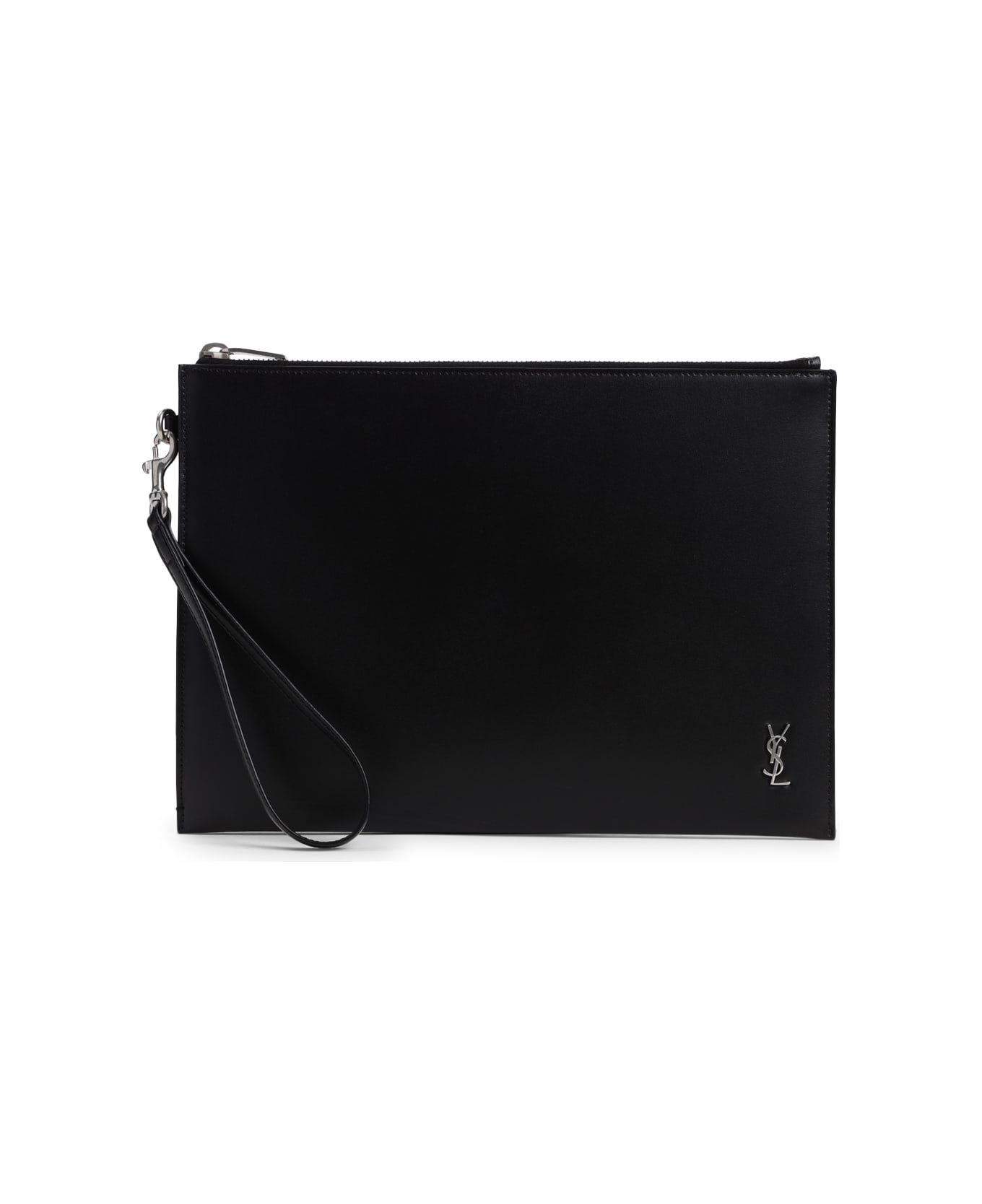 Saint Laurent Cassandre Tablet Holder In Shiny Leather With Zip - Nero