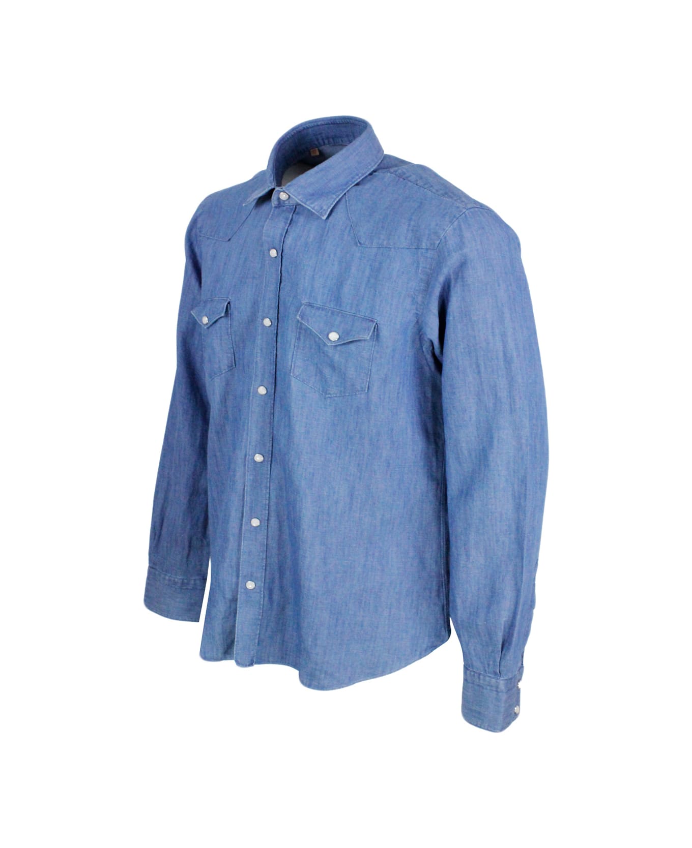 Barba Napoli Dandylife Shirt In Light Denim With Hand-stitched Italian Collar And Front Pocket Counters. The Buttons Are In Mother-of-pearl Snaps - Denim