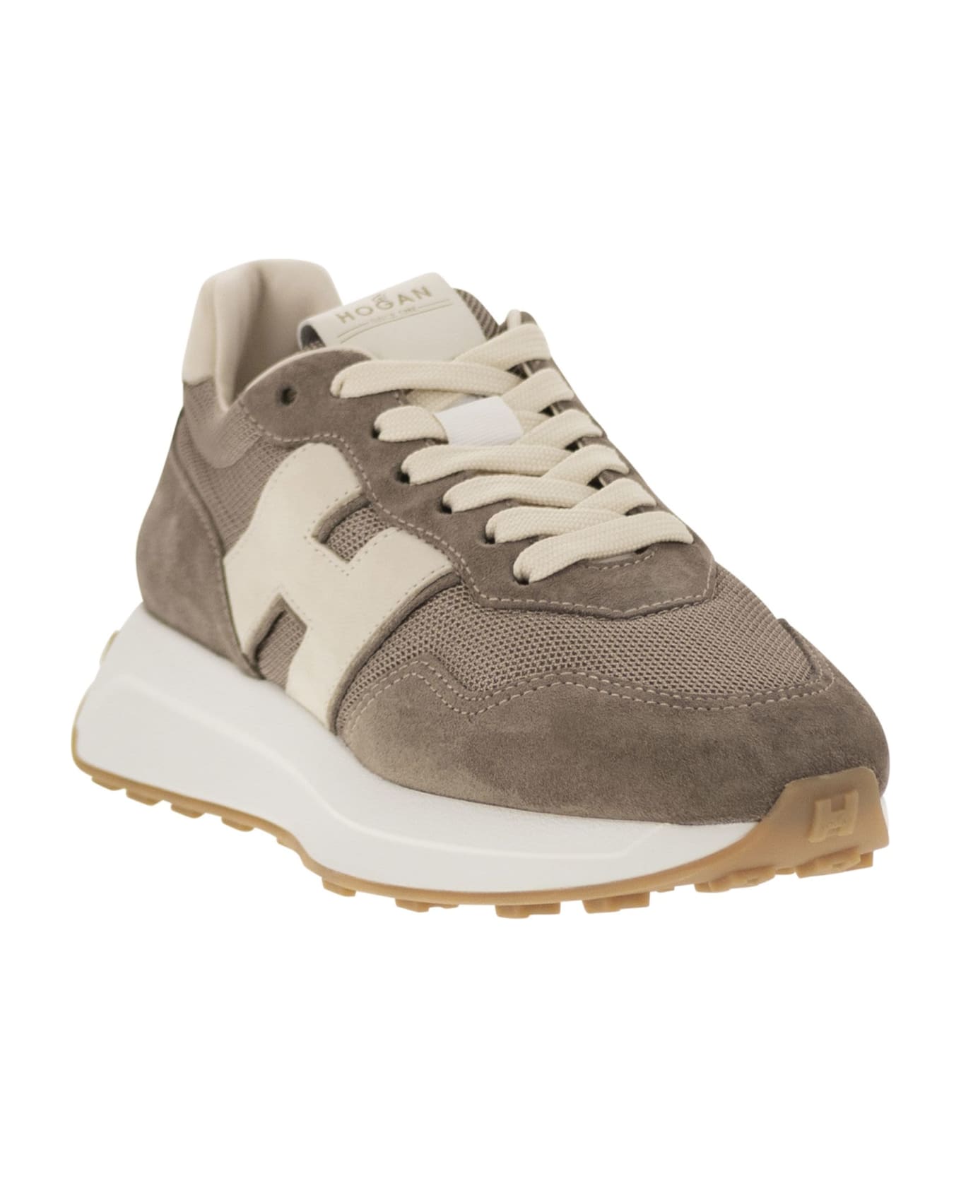 Hogan H641 - Leather And Canvas Trainers - Tortora