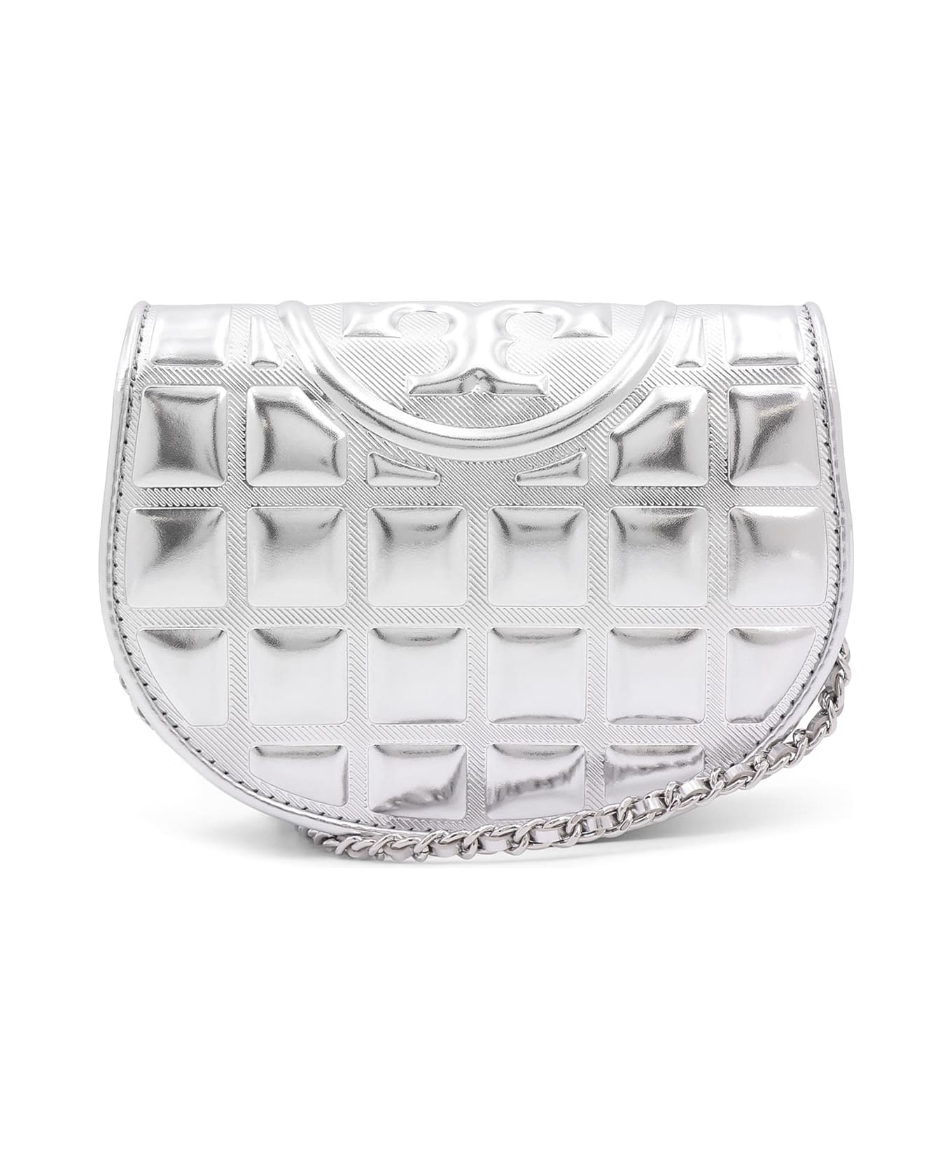 Tory Burch 
fleming Metallic Square Quilt
 Wallet On Chain - Silver