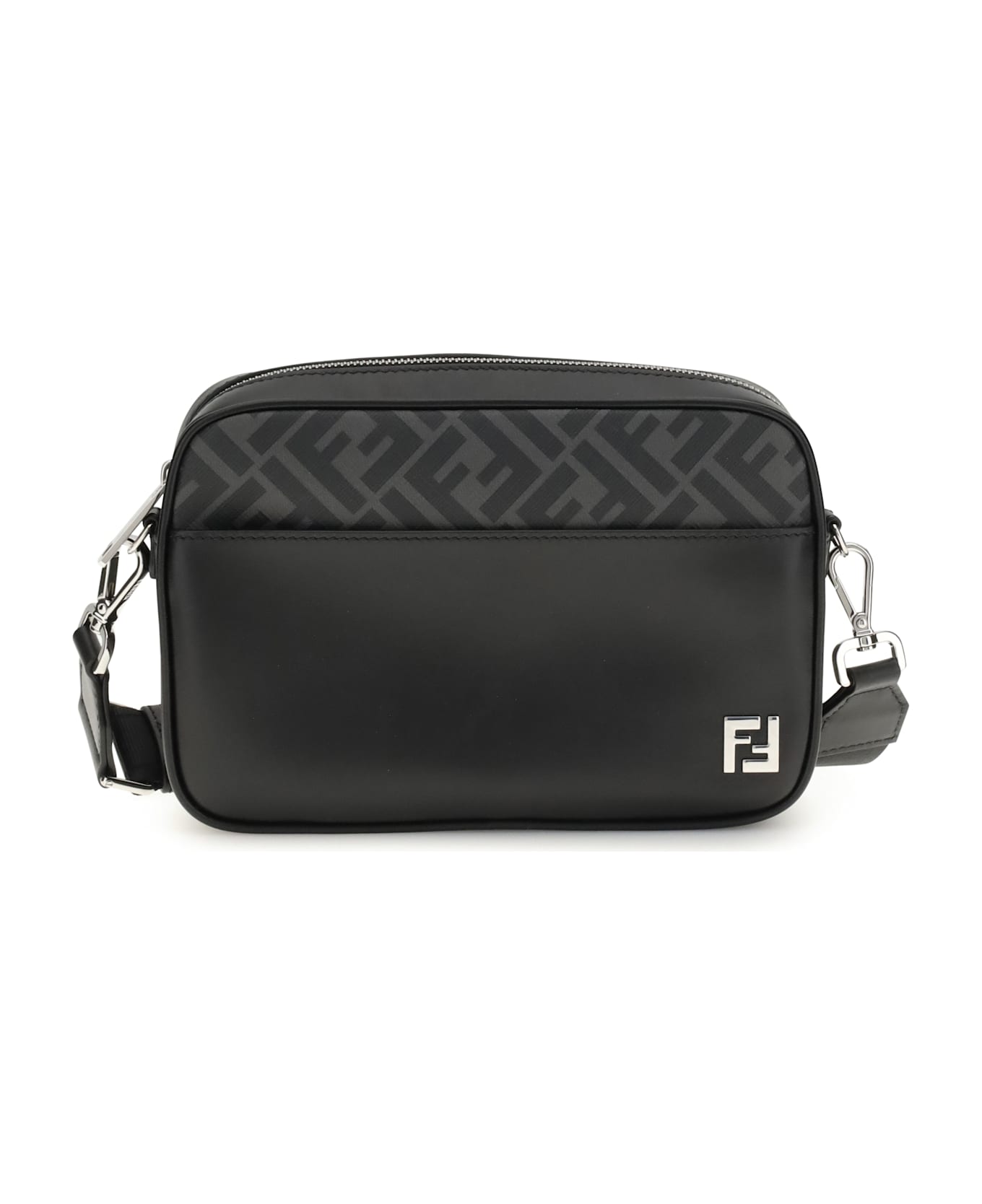 Fendi Ff Leather And Canvas Shoulder Bag - BLACK ショルダーバッグ