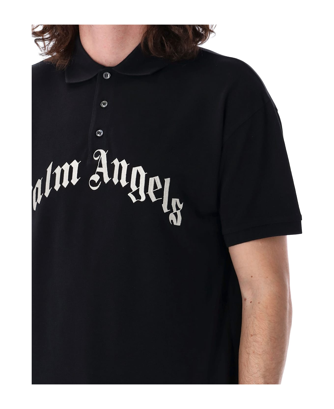 Palm Angels Curved Logo Polo T-shirt - BLACK