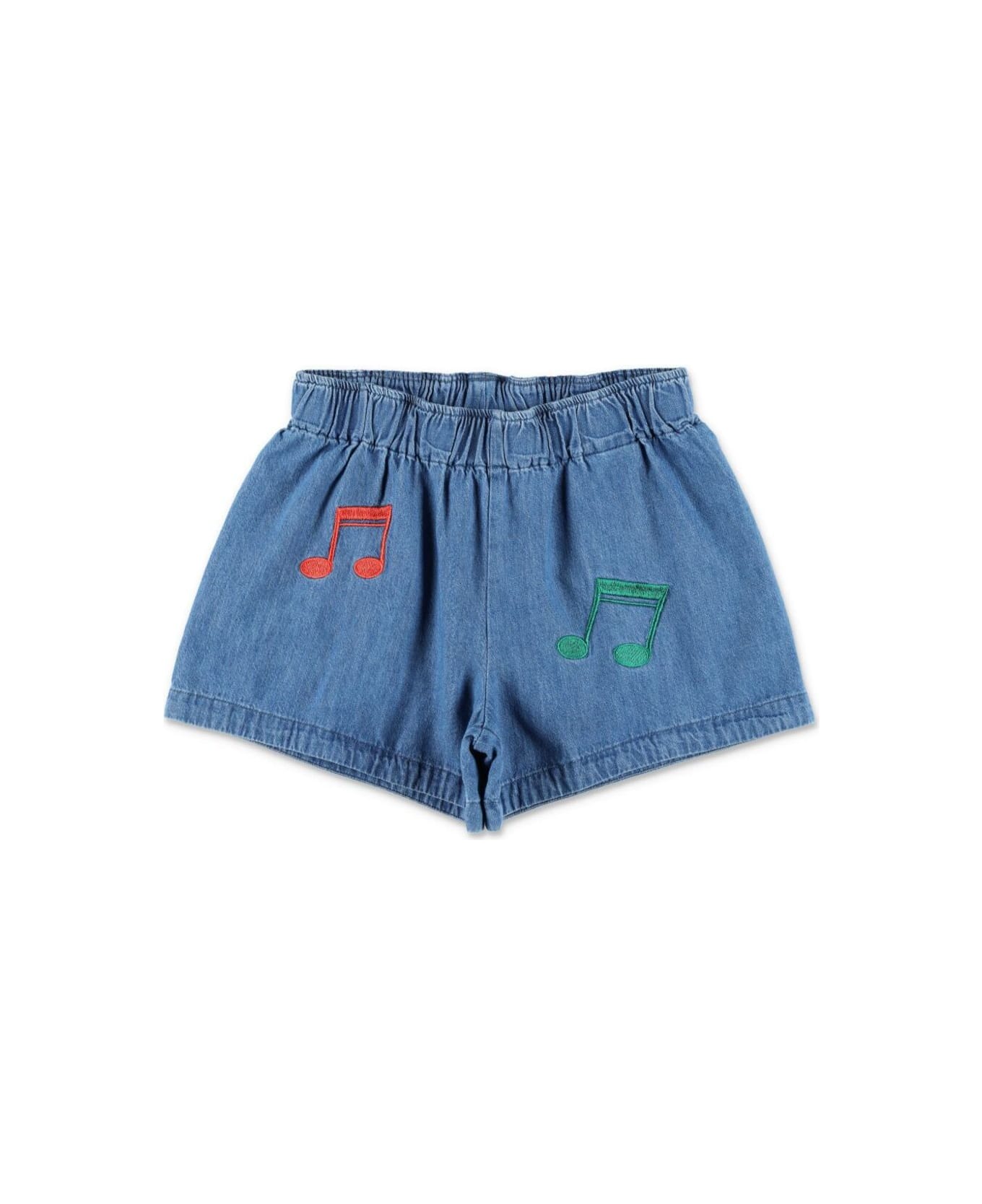 Mini Rodini Blue Shorts With Elastic Waist And Music Notes Embroidery On The Front In Denim Girl - Blu
