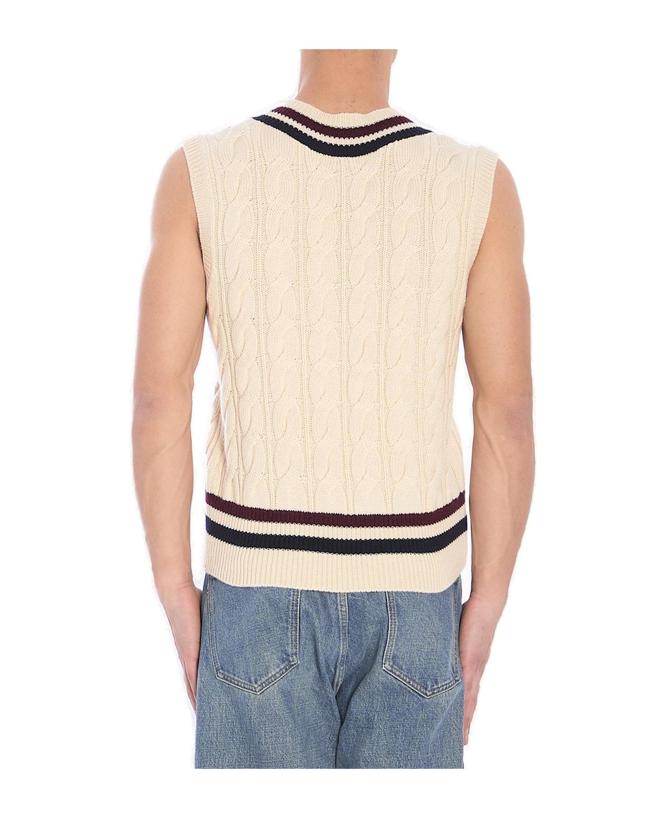 Celine Triomphe V-neck Cable-knit Vest - ECRU/BURGUNDY/NAVY