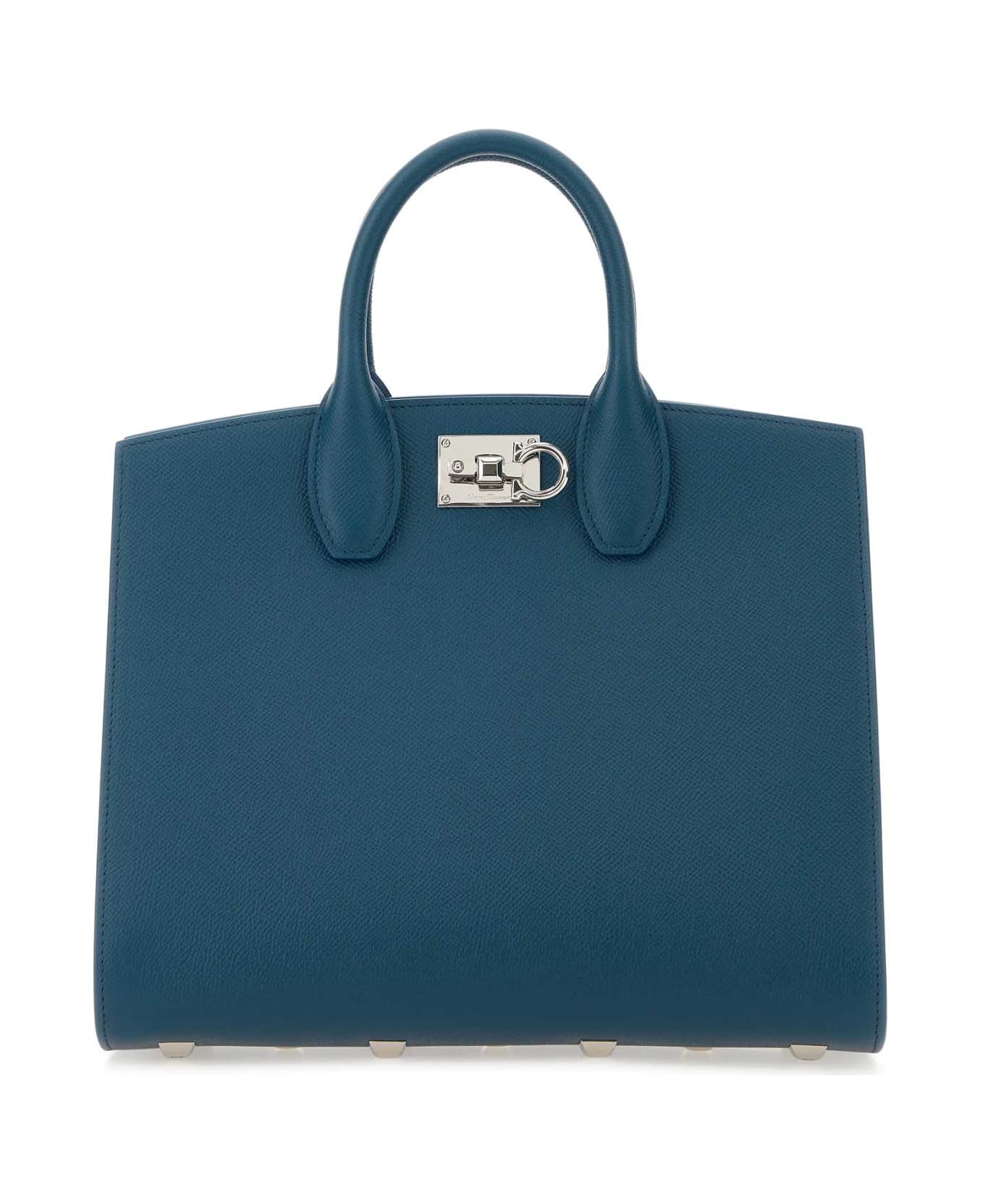 Ferragamo Teal Green Leather Medium Studio Box Handbag - Blue
