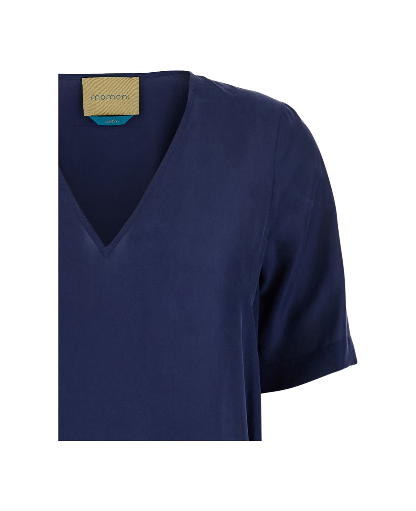Momonì Blue Dress With V Neck And Short Sleeves In Silk Woman - Blu