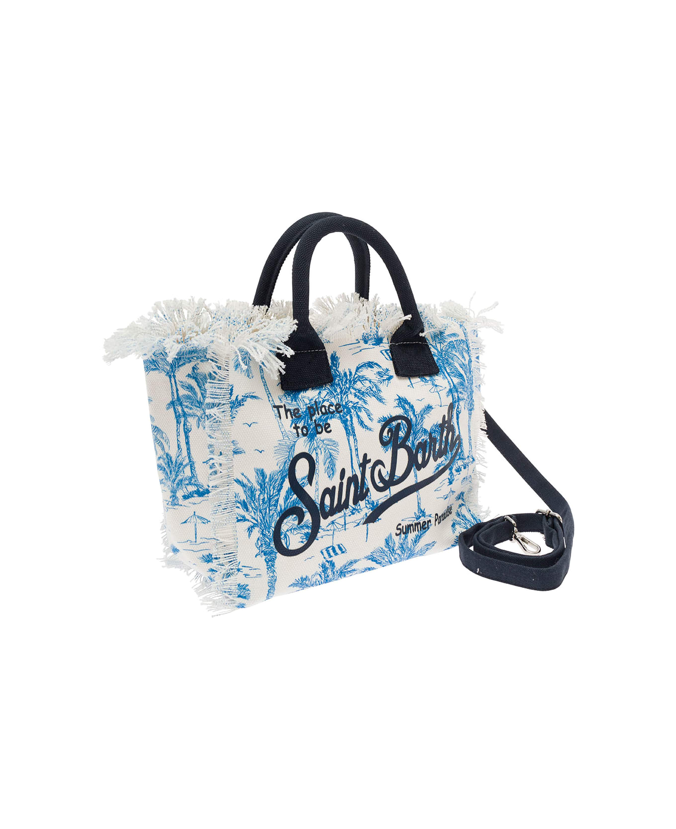 MC2 Saint Barth Light Blue And White Handbag With Logo And Palm Print In Cotton Canvas Girl - Light blue