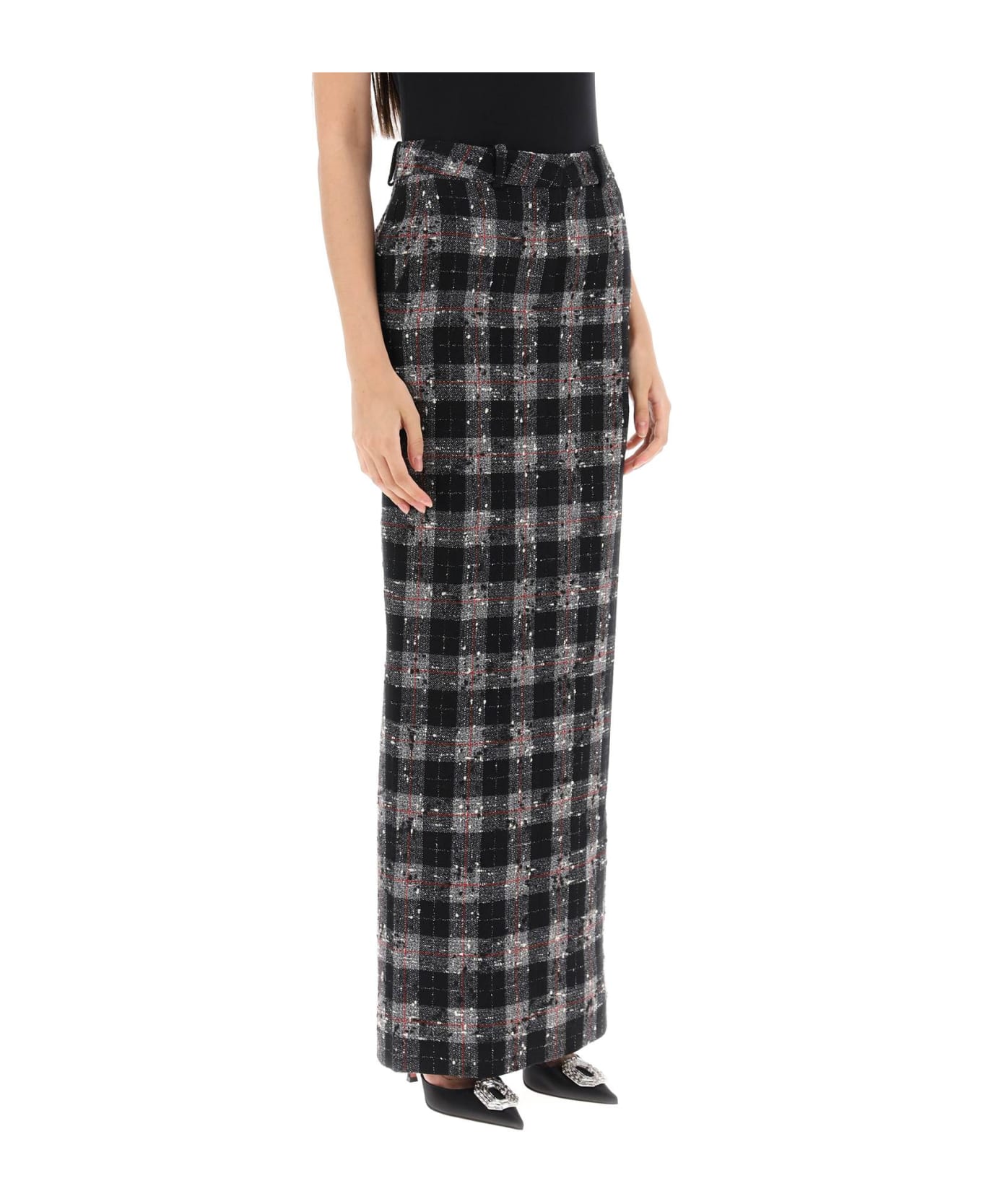Alessandra Rich Maxi Skirt In Boucle' Fabric With Check Motif - BLACK (Black)