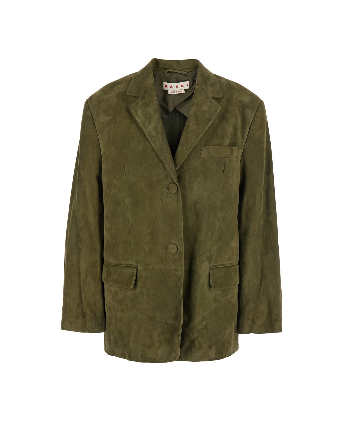 Marni Green Single-breasted Jacket With Notched Revers And Logo Patch On The Rear In Suede Woman - Verde
