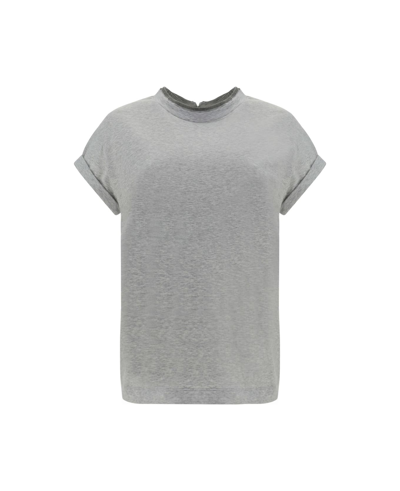 Brunello Cucinelli Short-sleeved T-shirt In Elasticized Stretch Cotton With A Crew Neck Edged With Jewels - Silver