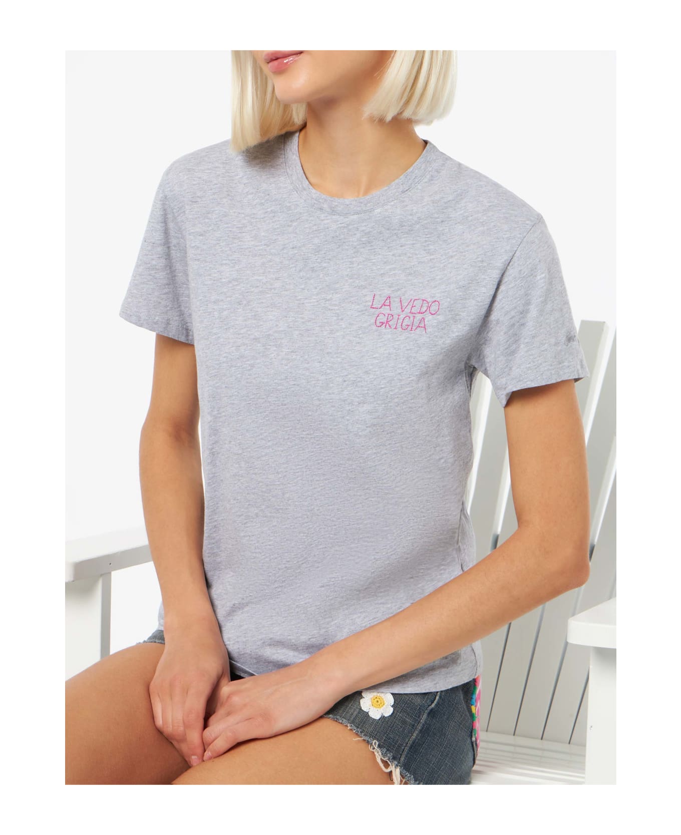 MC2 Saint Barth Woman Cotton Jersey Crewneck T-shirt Emilie With La Vedo Grigia Embroidery - MELANGE GREY