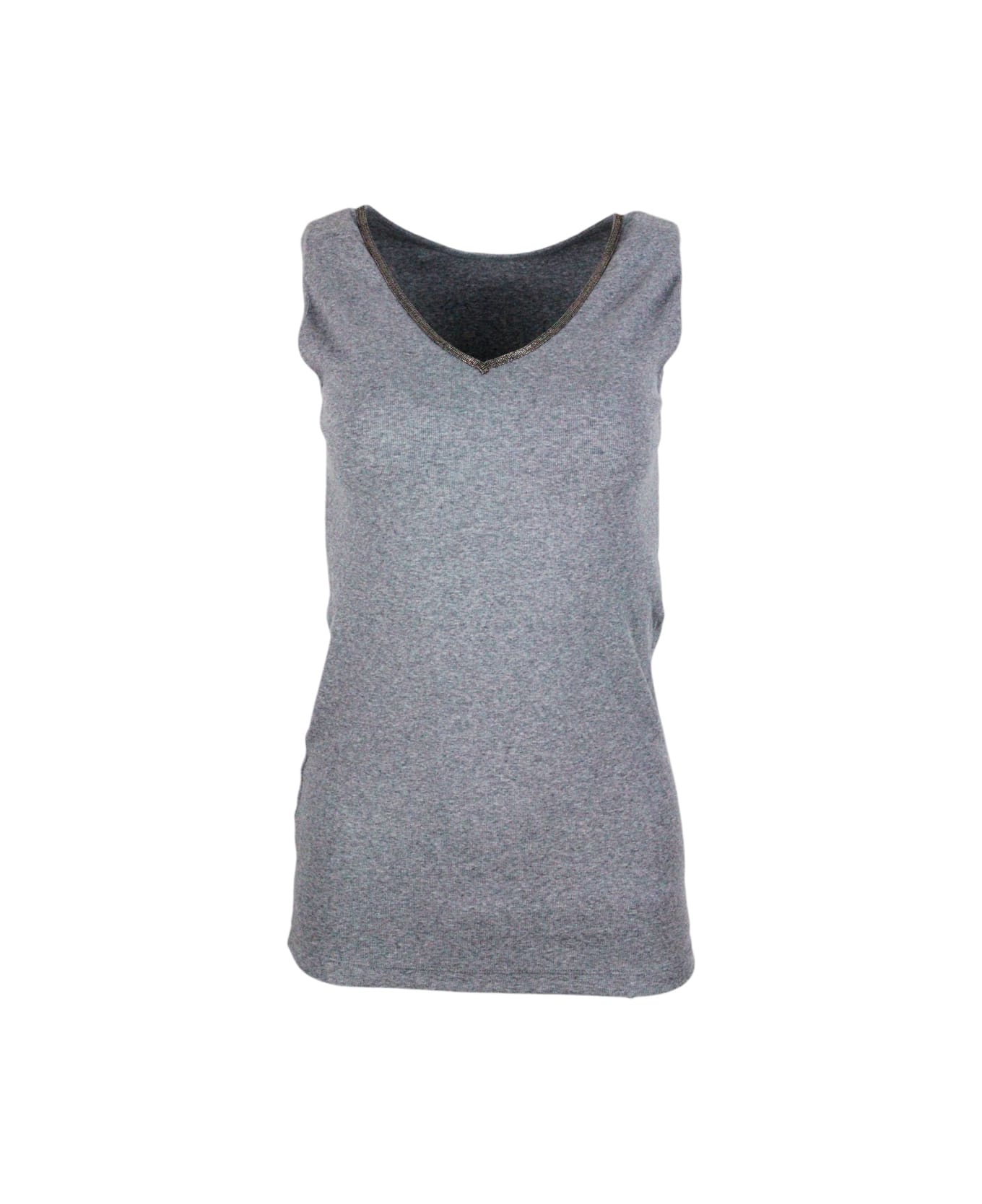 Fabiana Filippi Tank Top In Organic Cotton Jersey With Both V-neck And Crew-neck Embellished With Rows Of Brilliant Jewels On The Neck - Grey