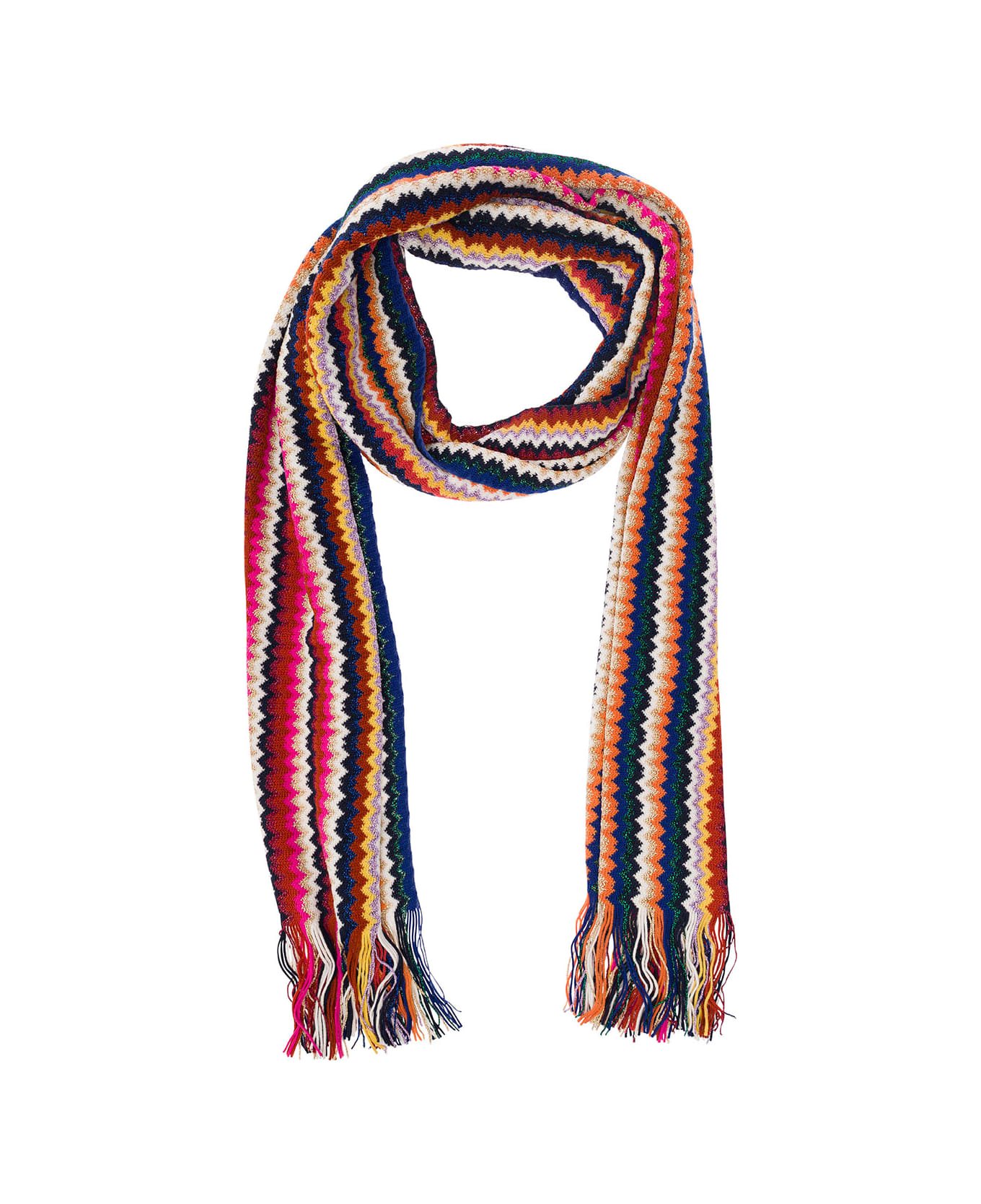 Missoni Multicolor Scarf With Zigzag Motif And Fringed Hem In Wool Blend Woman - Blu