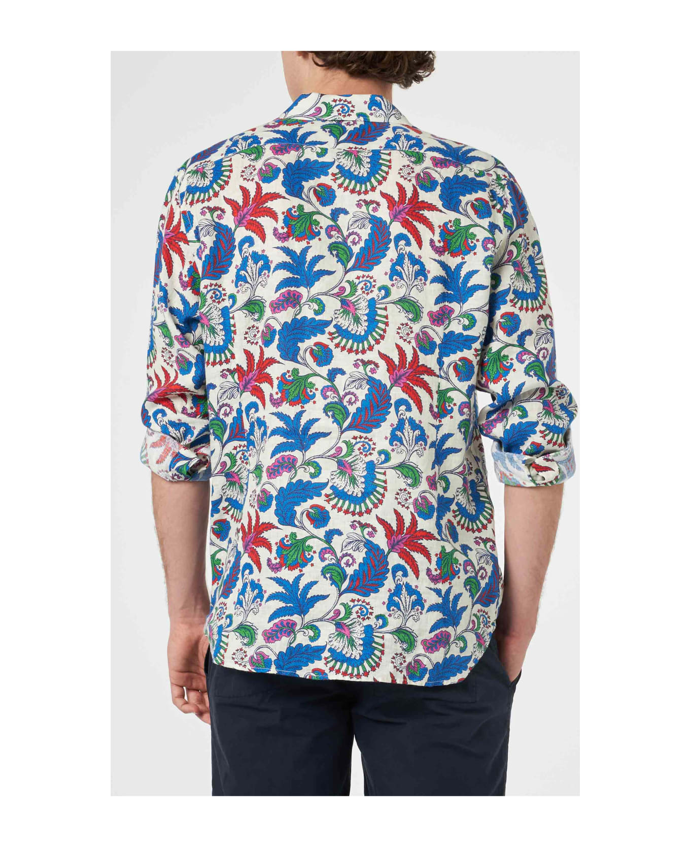MC2 Saint Barth Nvy Blue Linen Shirt Pamplona With Flower Print - MULTICOLOR