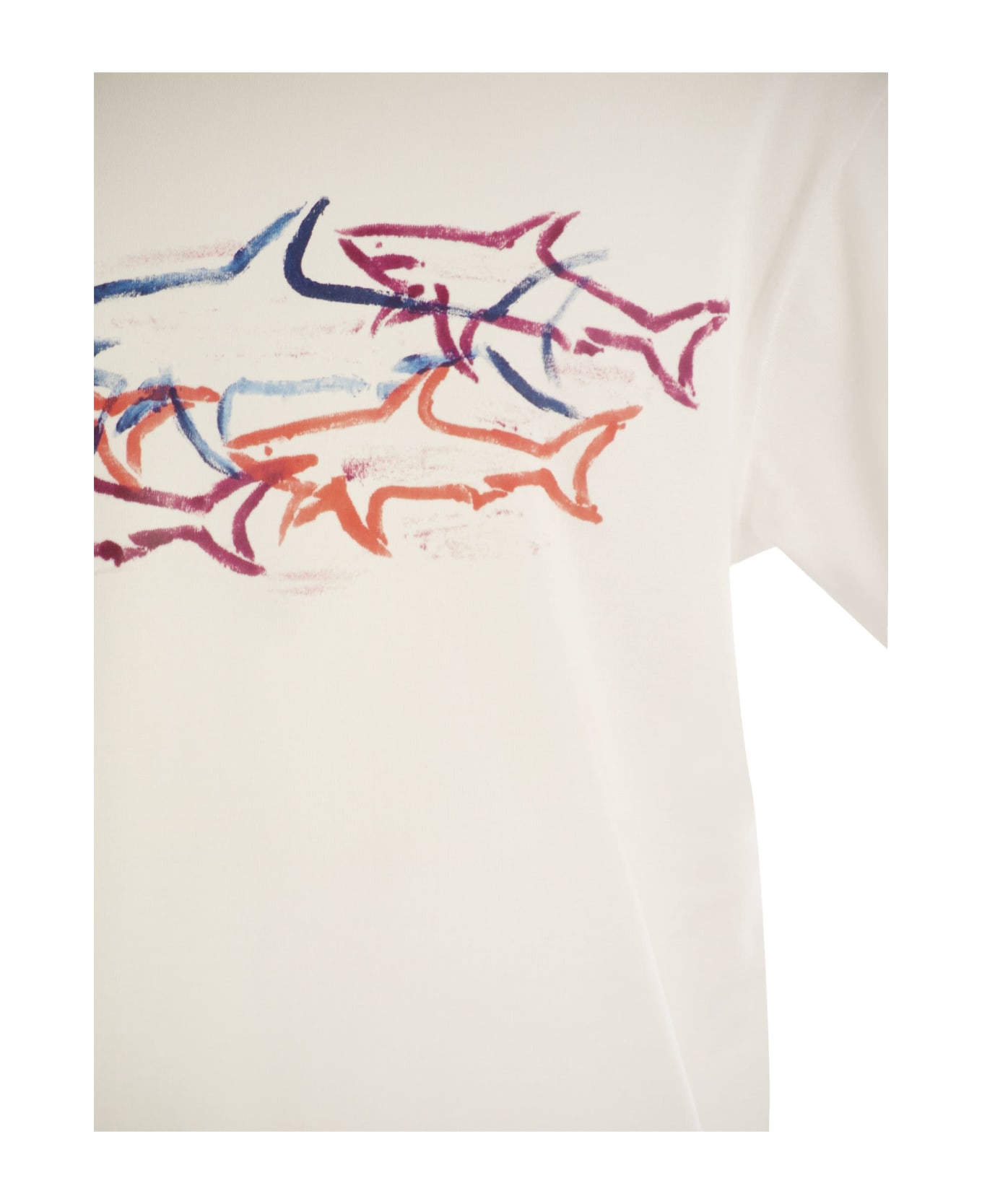 Paul&Shark Cotton T-shirt With Shark Print - White