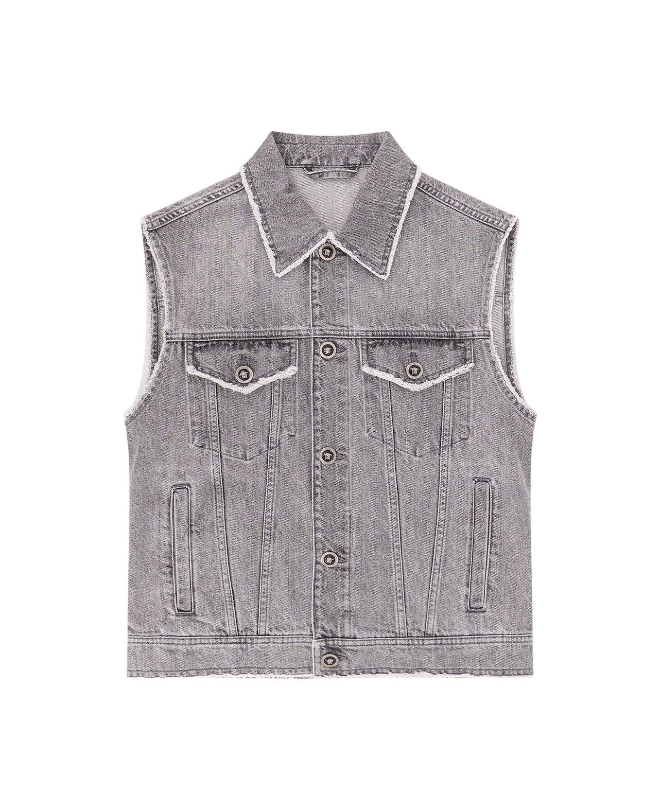 Versace Logo Patch Frayed Denim Gilet - GREY