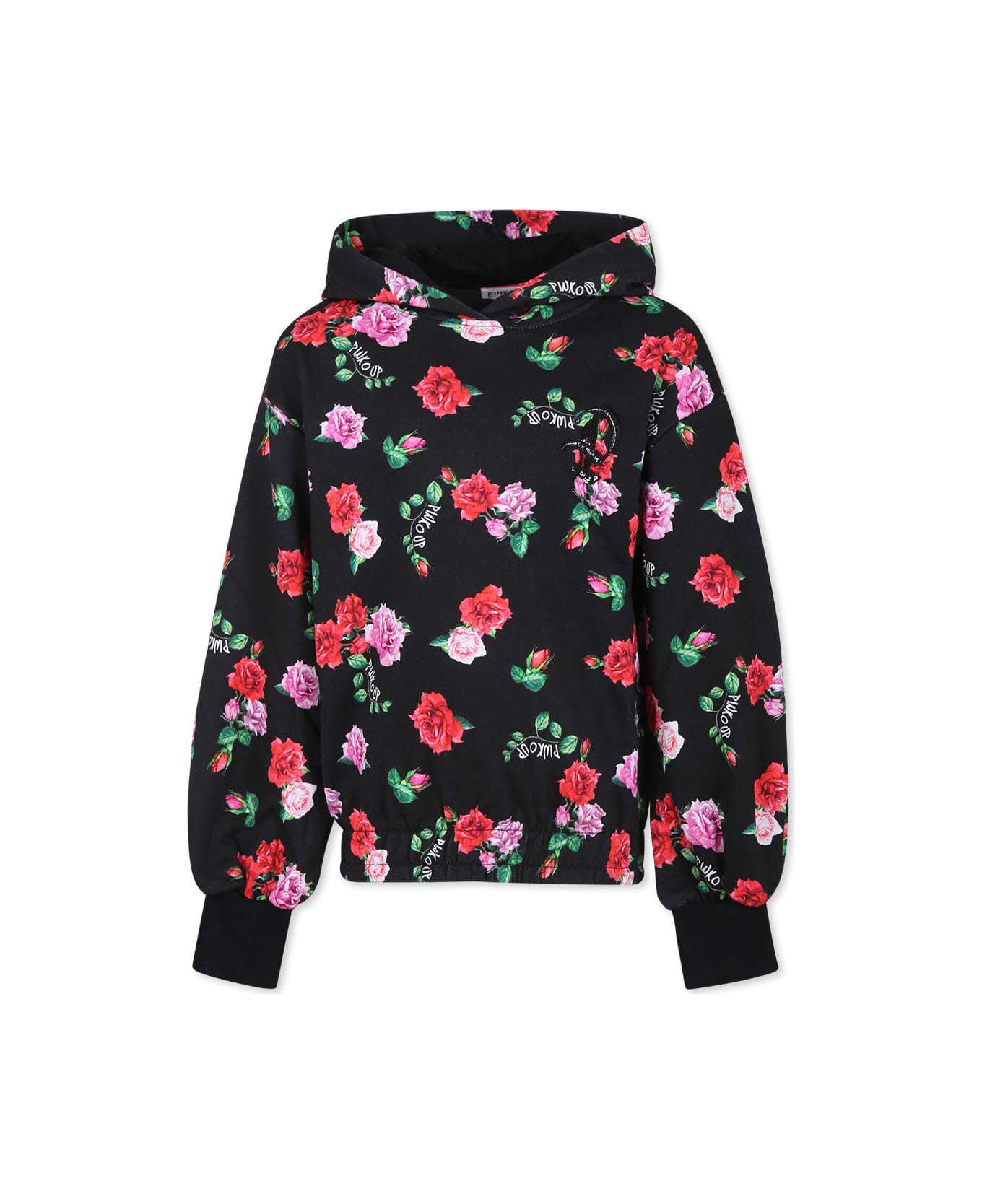 Pinko Black Sweatshirt For Girl With Floral Print - Black