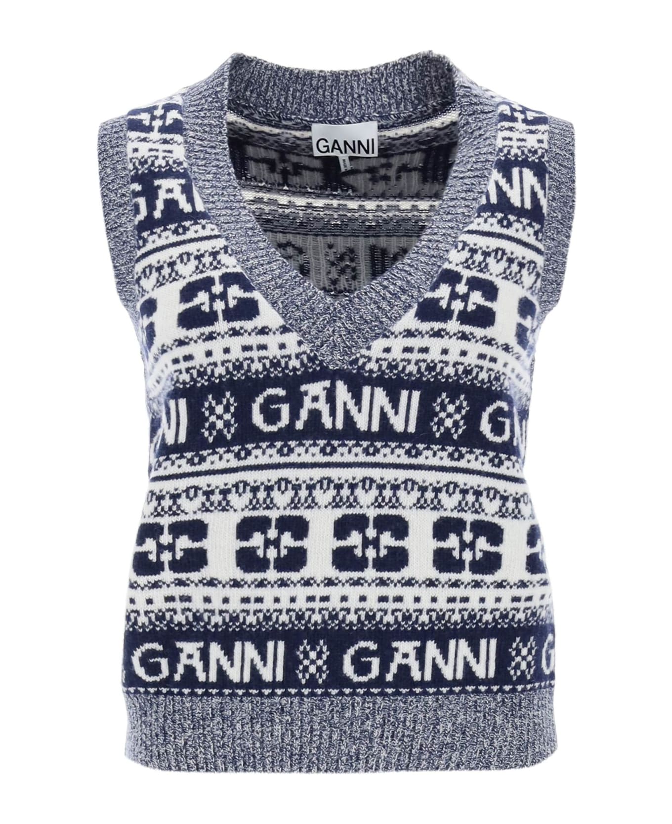 Ganni Jacquard Wool Vest With Logo Pattern - SKY CAPTAIN (White) ベスト