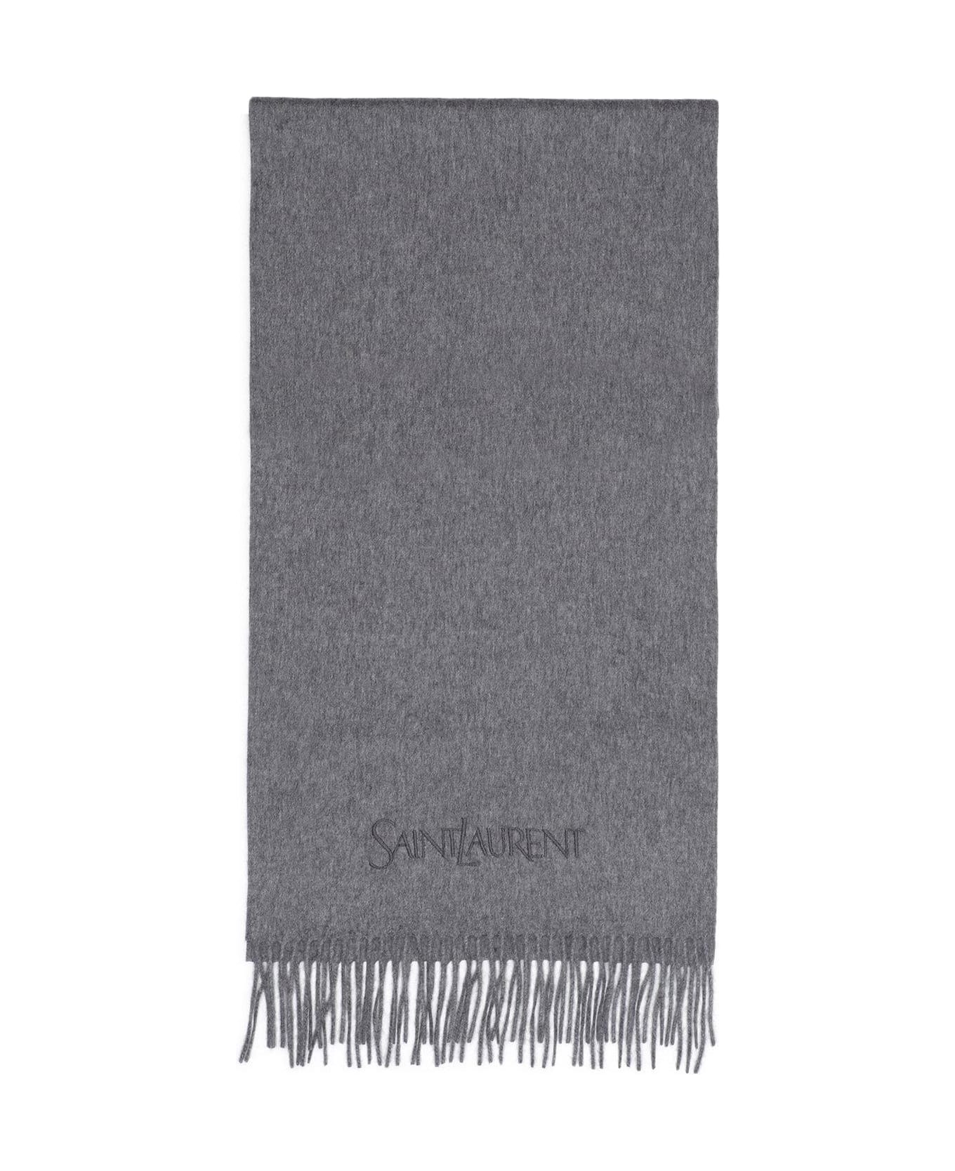 Saint Laurent Logo Embroidered Scarf - Grey