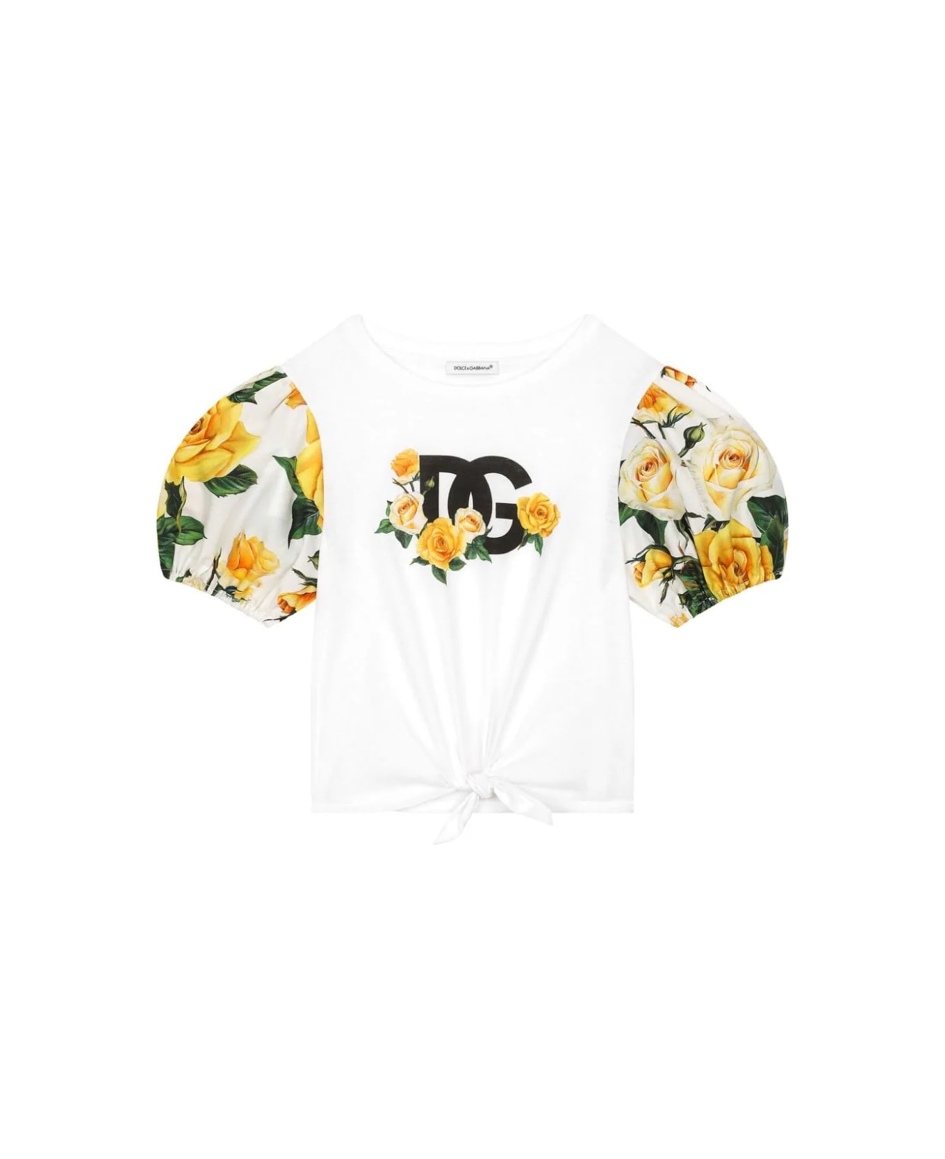 Dolce & Gabbana Jersey And Poplin T-shirt With Dg Logo And Yellow Rose Print - Yellow