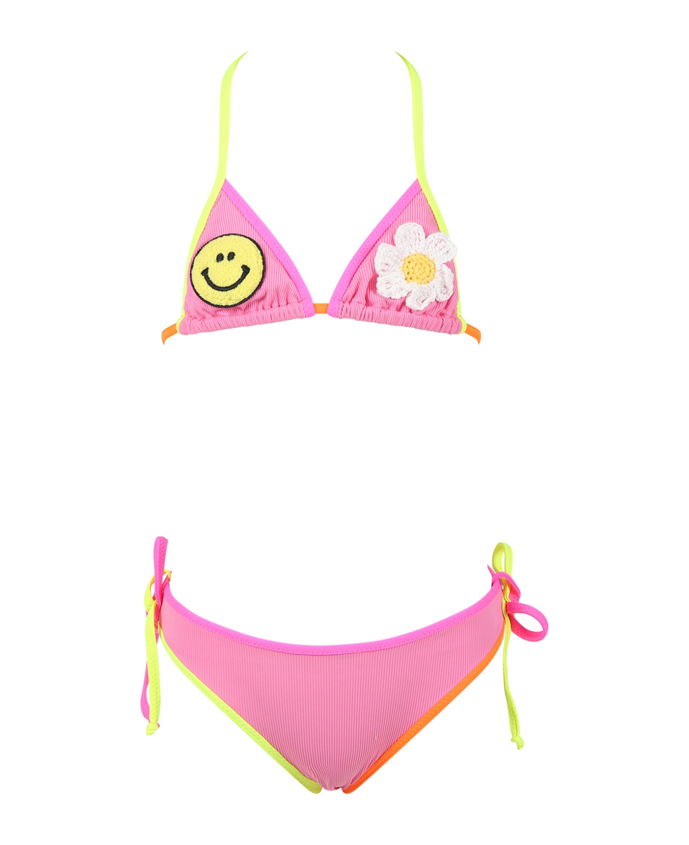 MC2 Saint Barth Fuchsia Bikini For Girl With Logo, Smiley And Flower Patch - Fuchsia