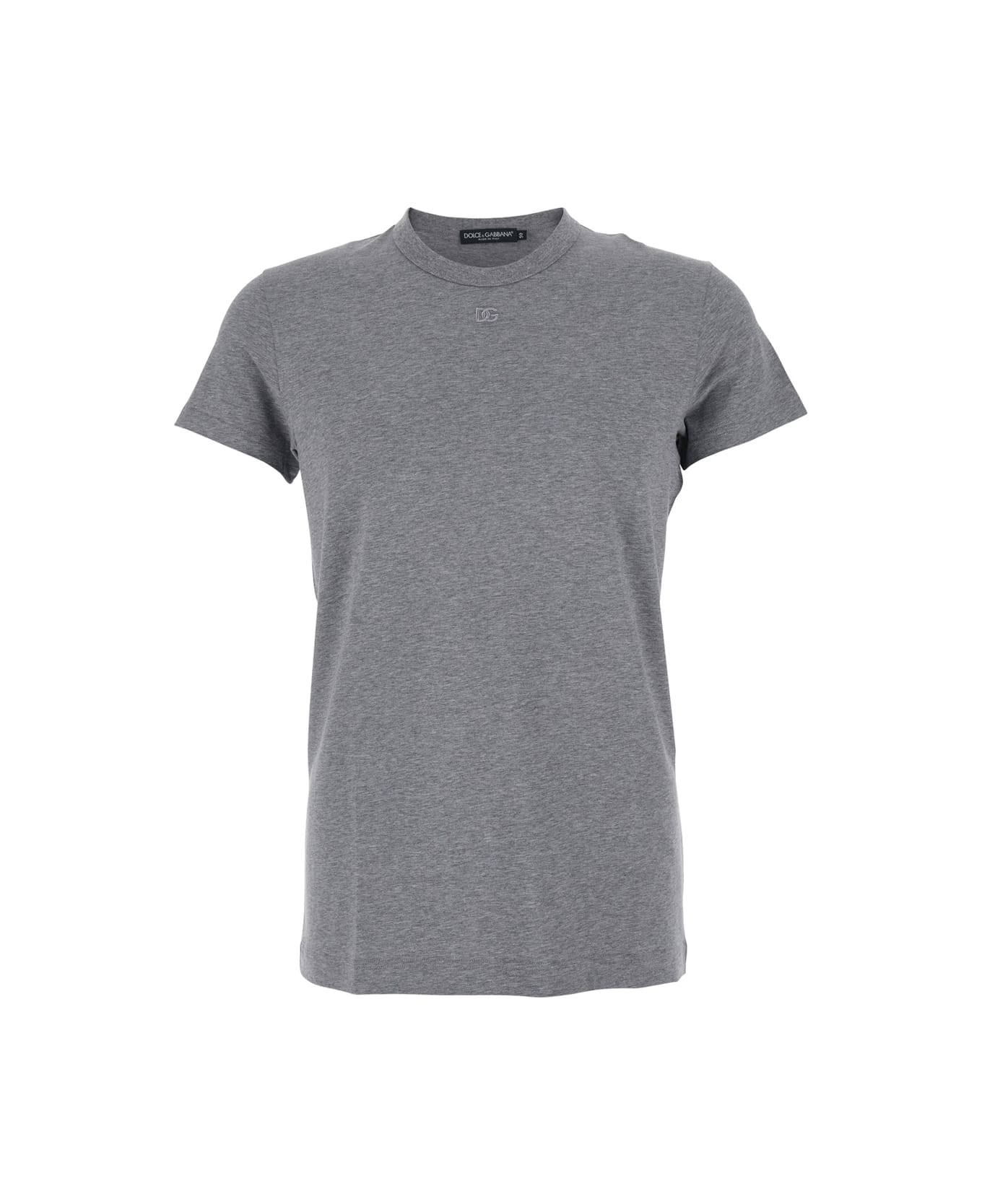 Dolce 
Gabbana Grey Crewneck T-shirt With Tonal Logo Lettering Embroidery On The Front In Cotton Stretch Man - Grey