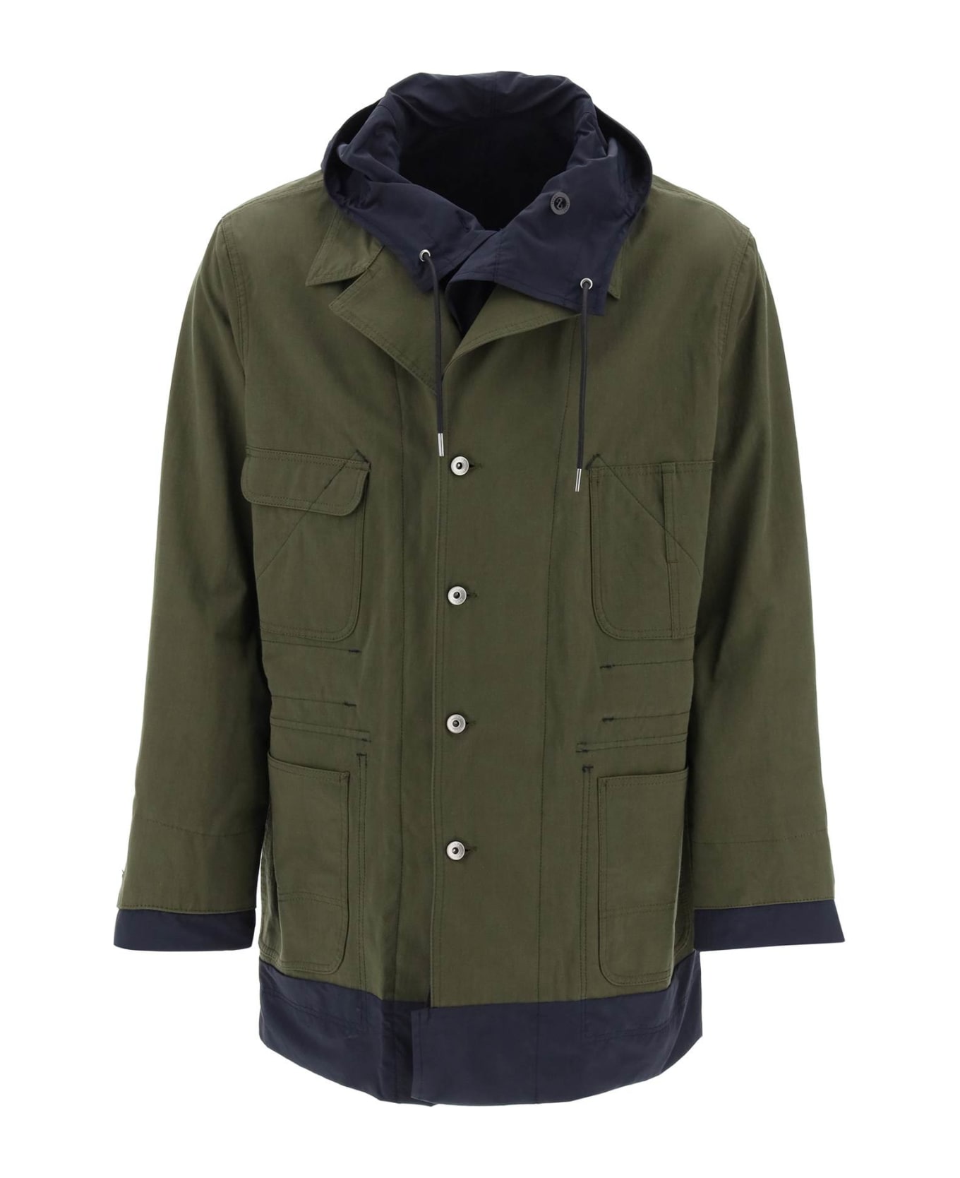 Sacai Army Green Cotton And Nylon Reversibile Jacket - KHAKINAVY