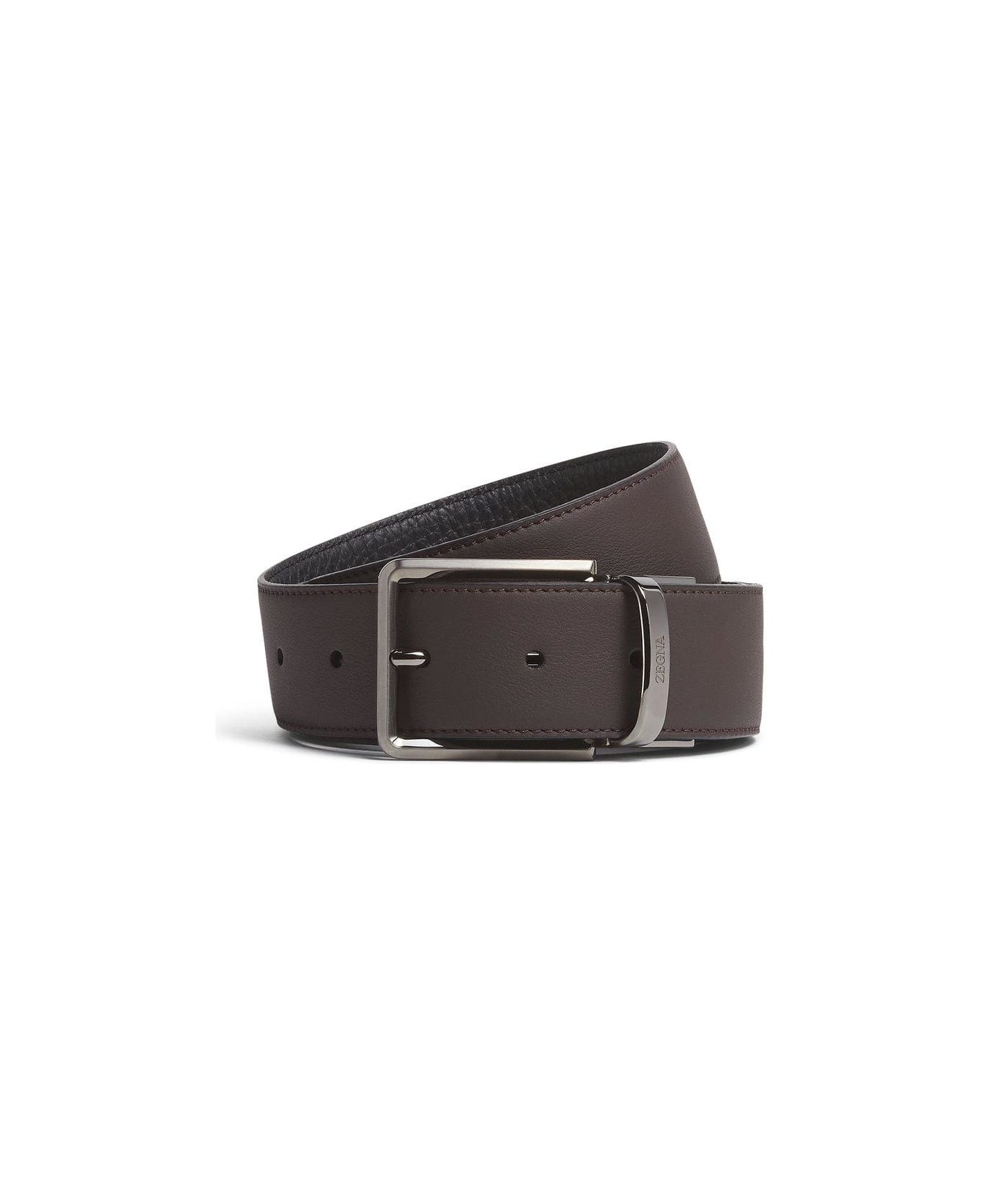 Zegna Logo Engraved Reversible Buckle Belt - DARK BROWN