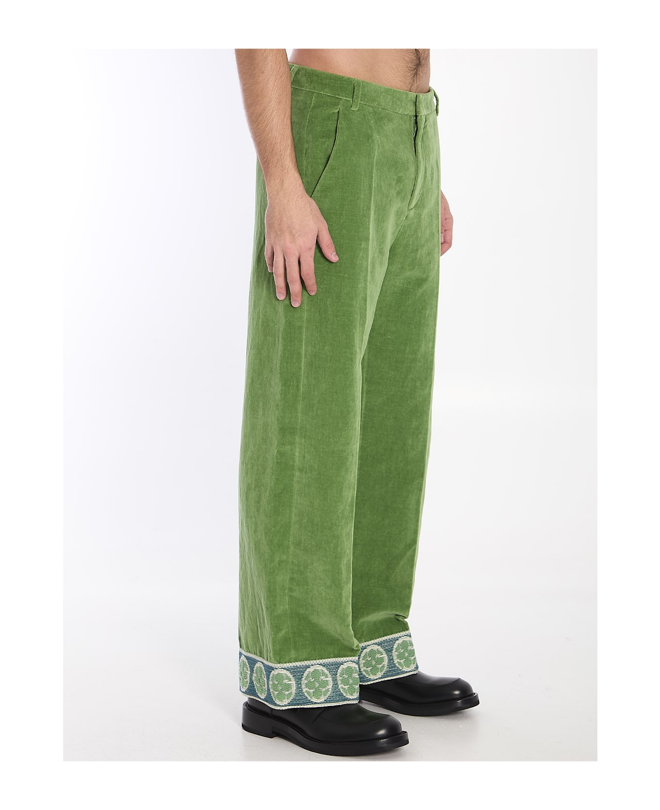 Valentino Garavani Velvet Trousers With Jacquard Hems - Green