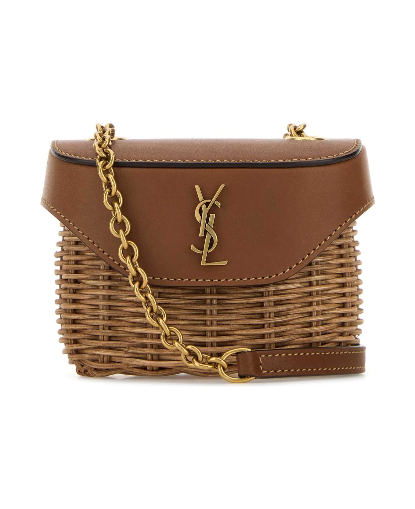 Saint Laurent Two-tone Wicker And Leather Mini Box June Crossbod - NATURALE/BRICK