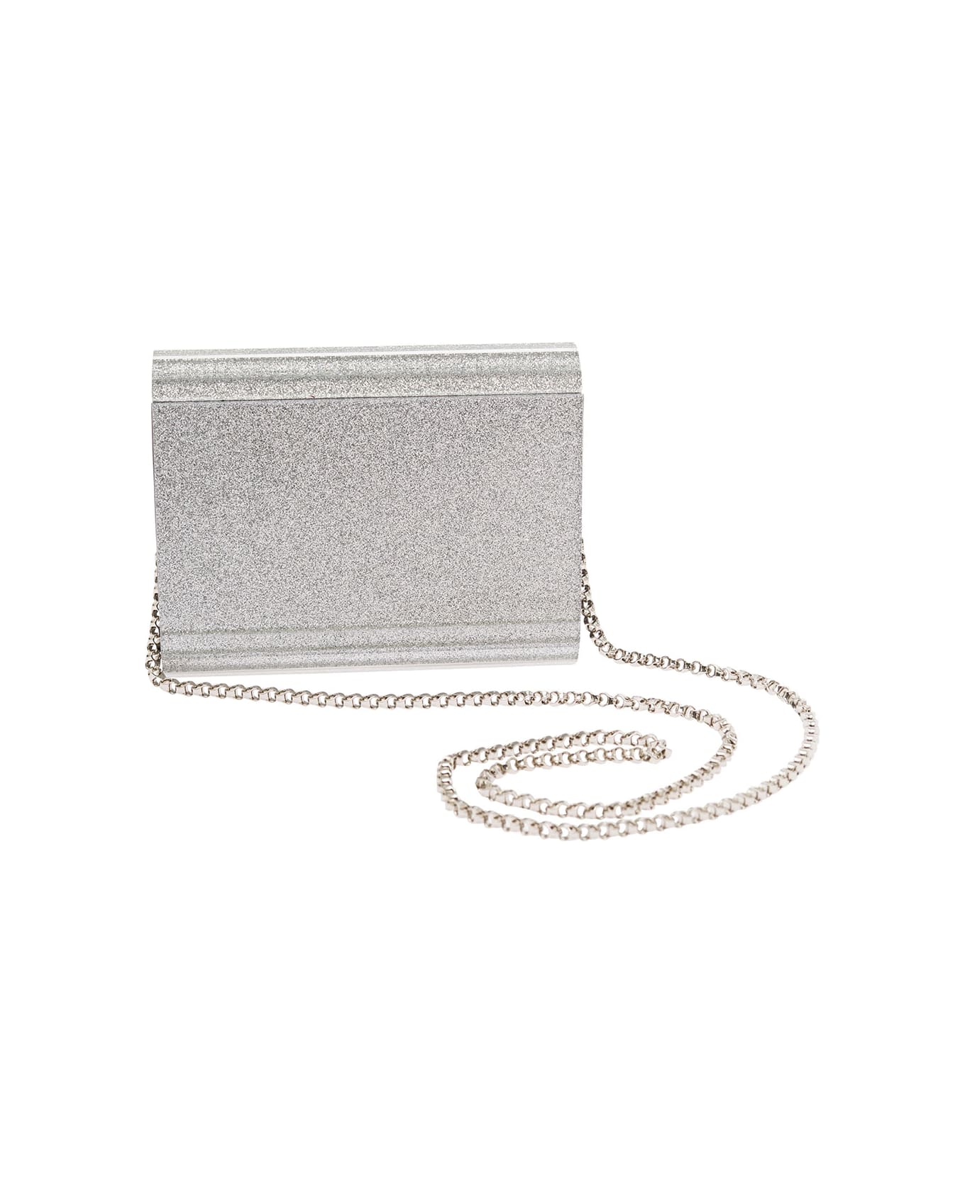 Jimmy Choo Silver Compact Clutch Bag With Chain And Logo Detail In Glitter Acrylic Woman - Metallic