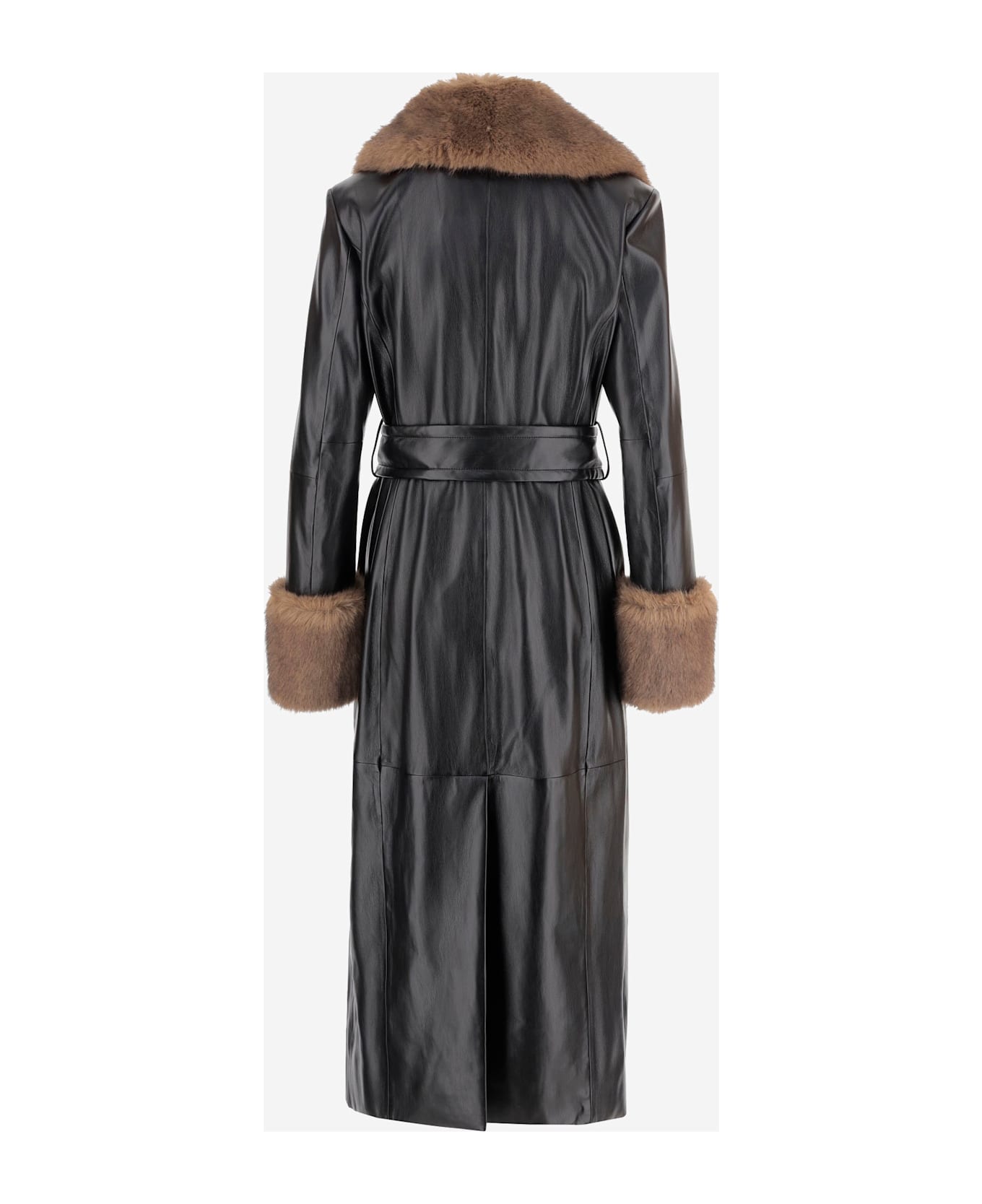 STAND STUDIO Estella Synthetic Leather Coat With Fur Details - Black