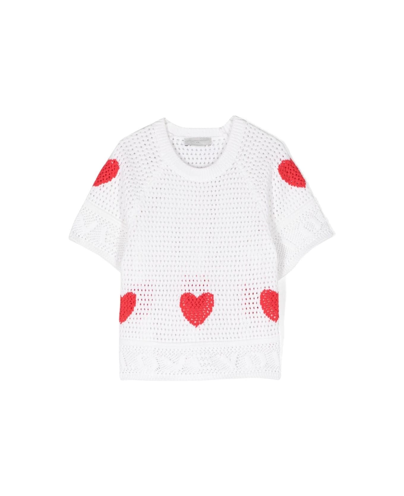 Stella McCartney Kids White Crochet T-shirt With Red Hearts - White