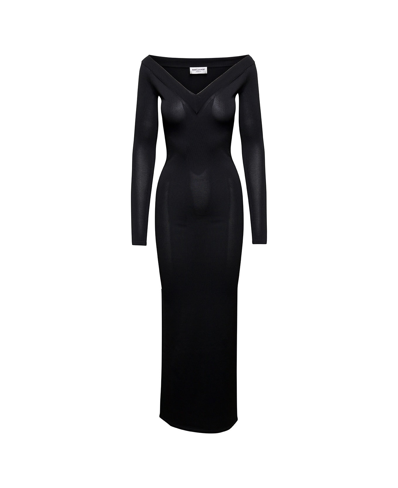 Saint Laurent Off-shoulder V-neck Long Dress In Black Viscose Woman - Black