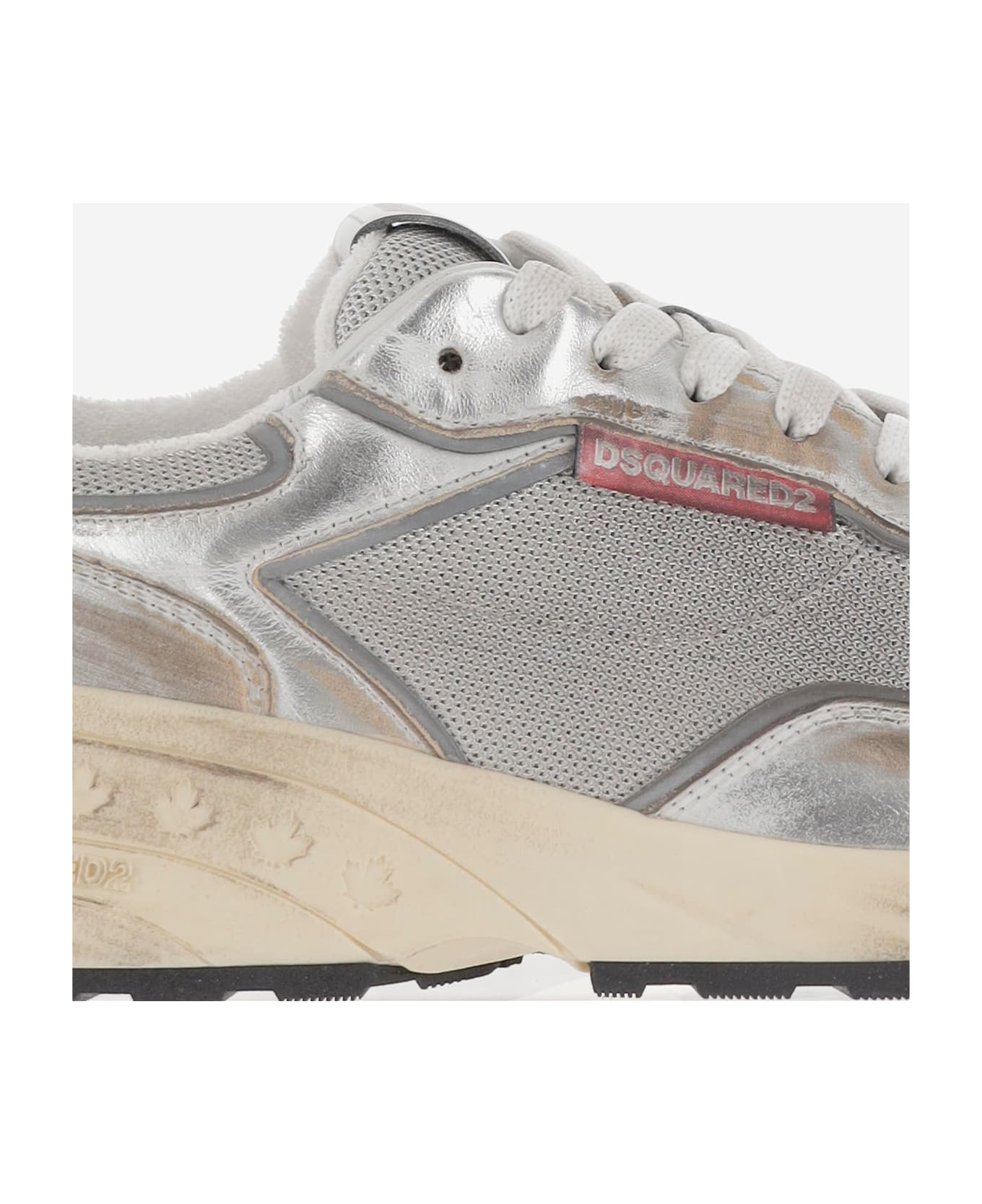 Dsquared2 Mesh And Leather Sneakers With Logo - Silver
