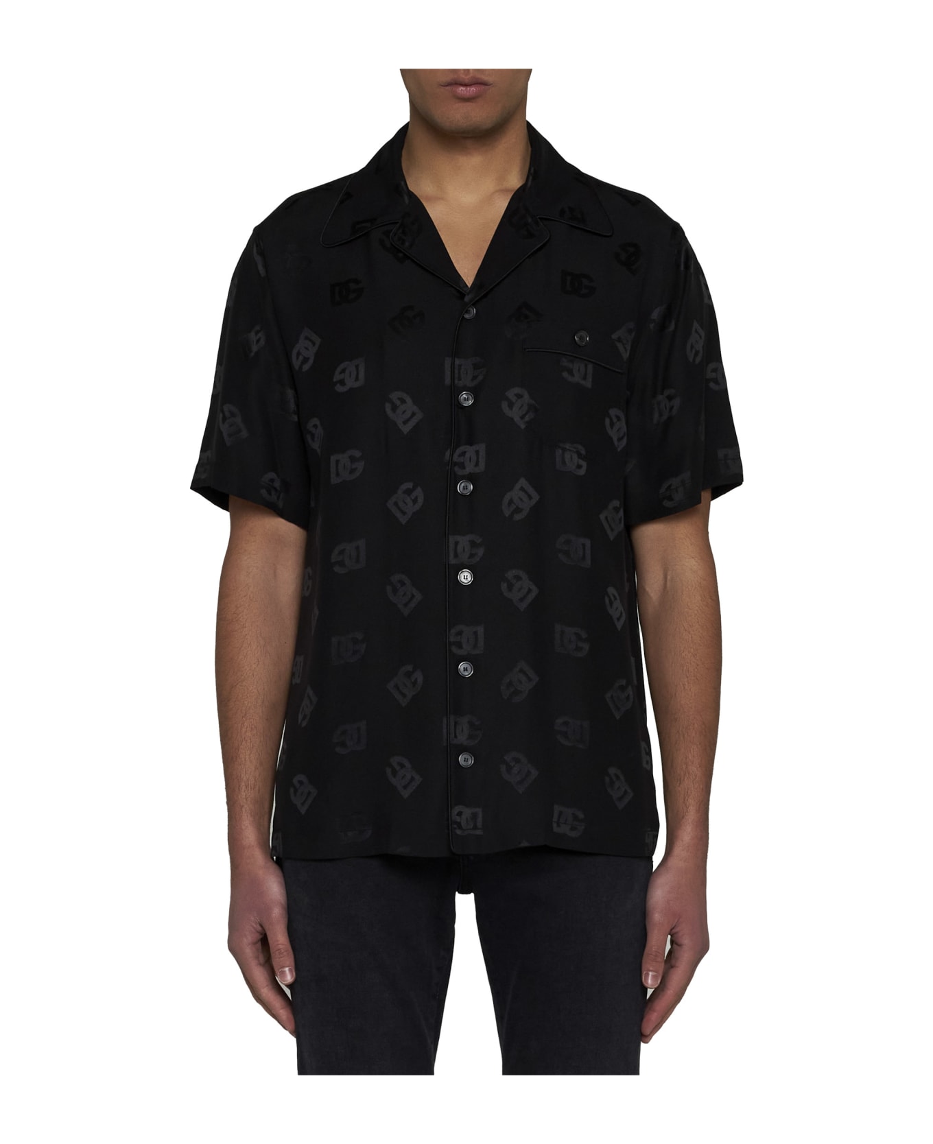 Dolce & Gabbana Silk Jacquard Shirt With Dg Monogram Print - Nero