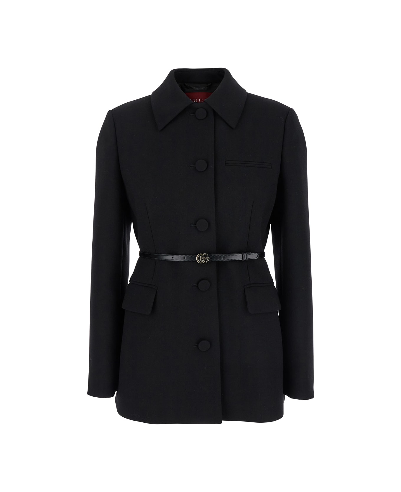 Gucci Black Jacket With Classic Collar And Belt With Double G Detail In Leather Woman - Black