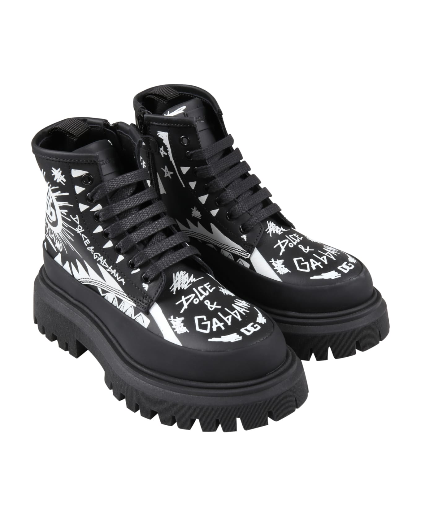 Dolce & Gabbana Black Boots For Kids Wit White Logo - Black