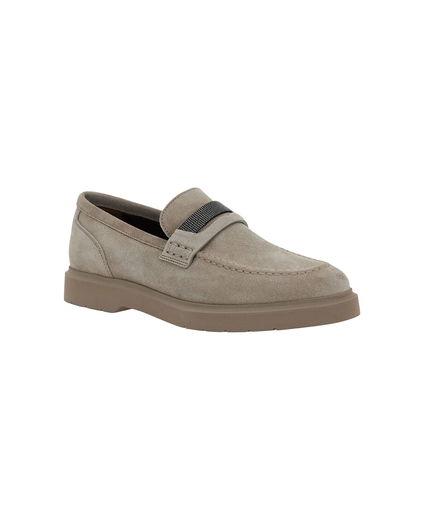 Brunello Cucinelli Grey Loafers With Monile Detail In Suede Woman - Grey フラットシューズ