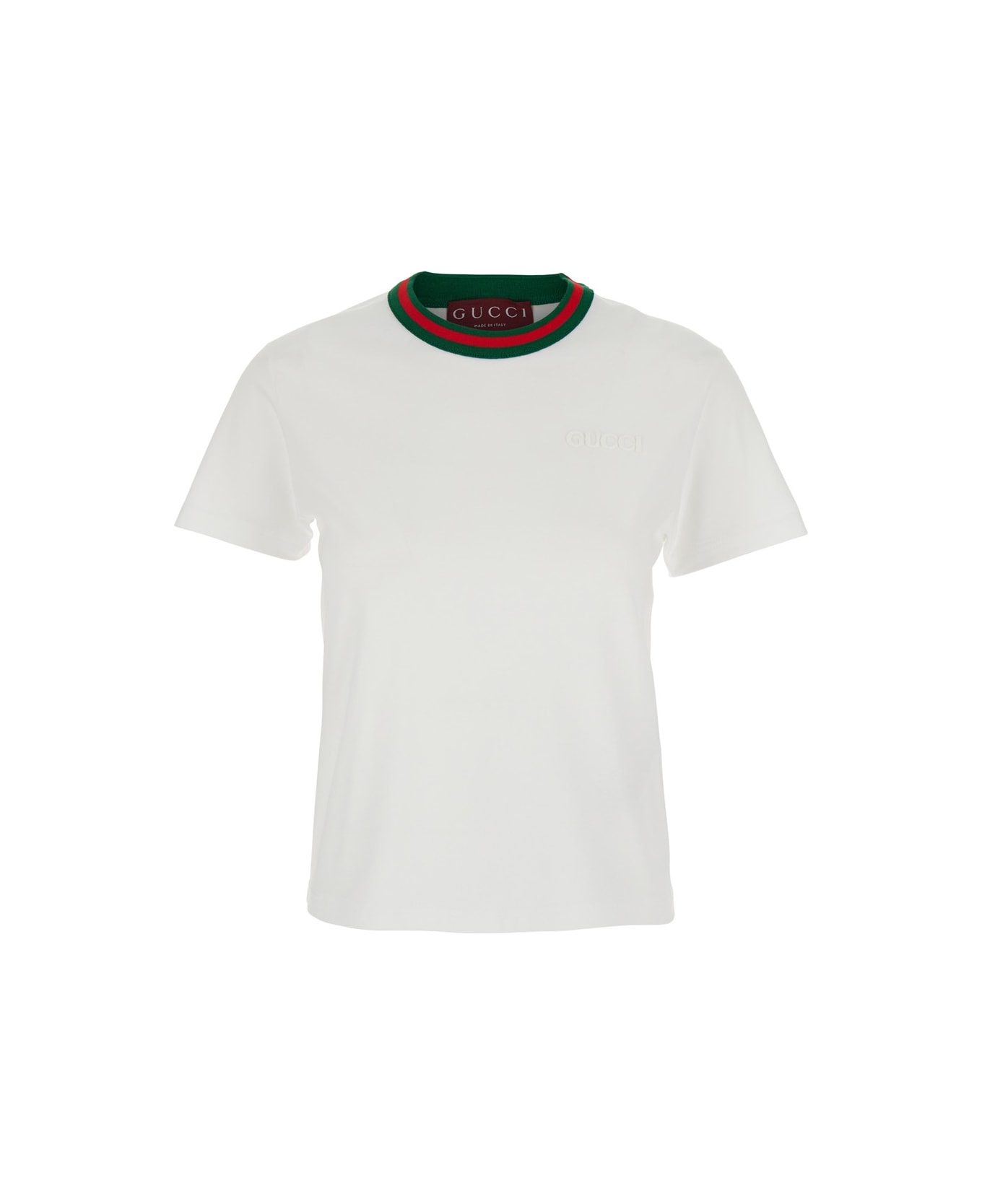 Gucci White T-shirt With Web Detail On The Neck In Cotton Woman - WHITEMIX