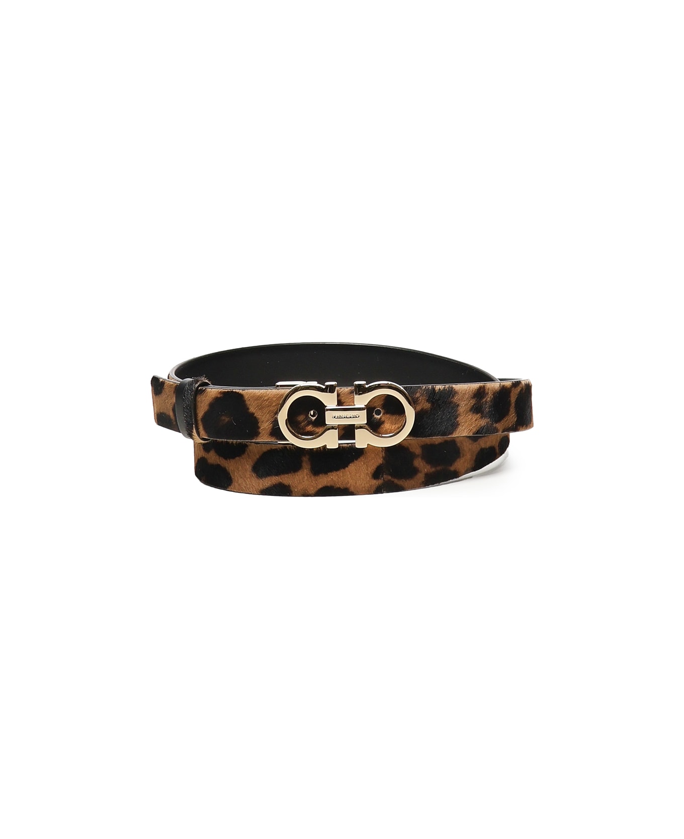 Ferragamo Animal Print Gancini Belt - BLACK/WALNUT