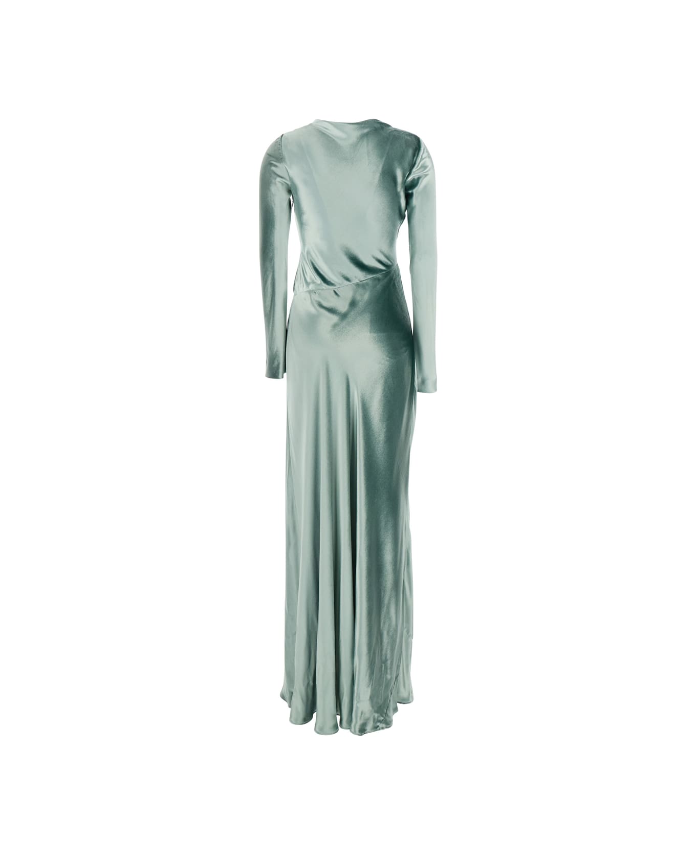 Alberta Ferretti Green Long Dress With Draped Details And Long Sleeves In Glossy Satin Woman - MULTICOLOUR