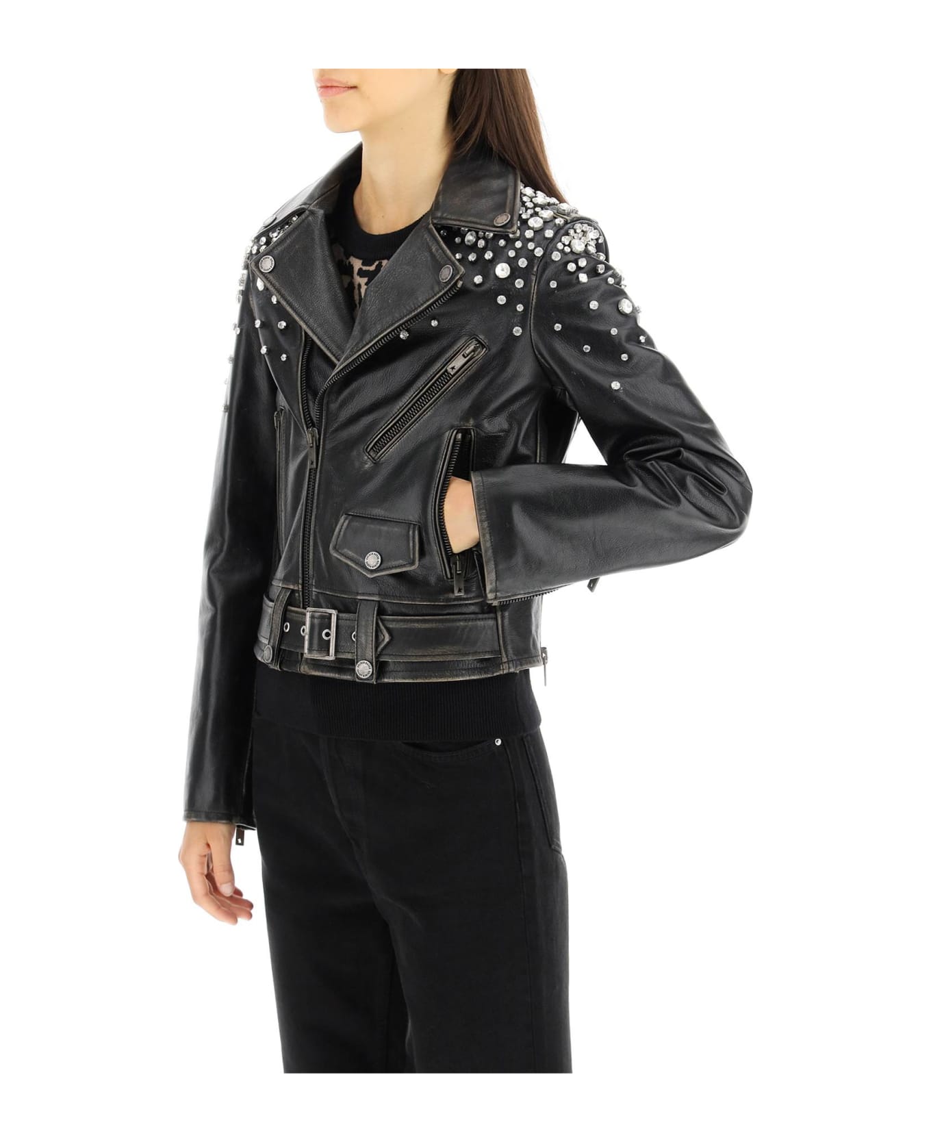 Golden Goose 'destiny' Leather Biker Jacket With Crystals - BLACK (Black)