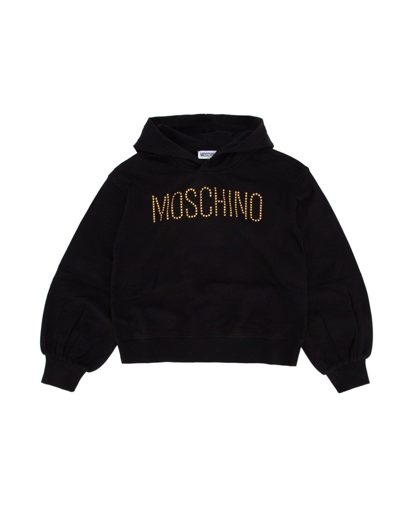 Moschino Logo Embellished Straight Hem Hoodie - Black